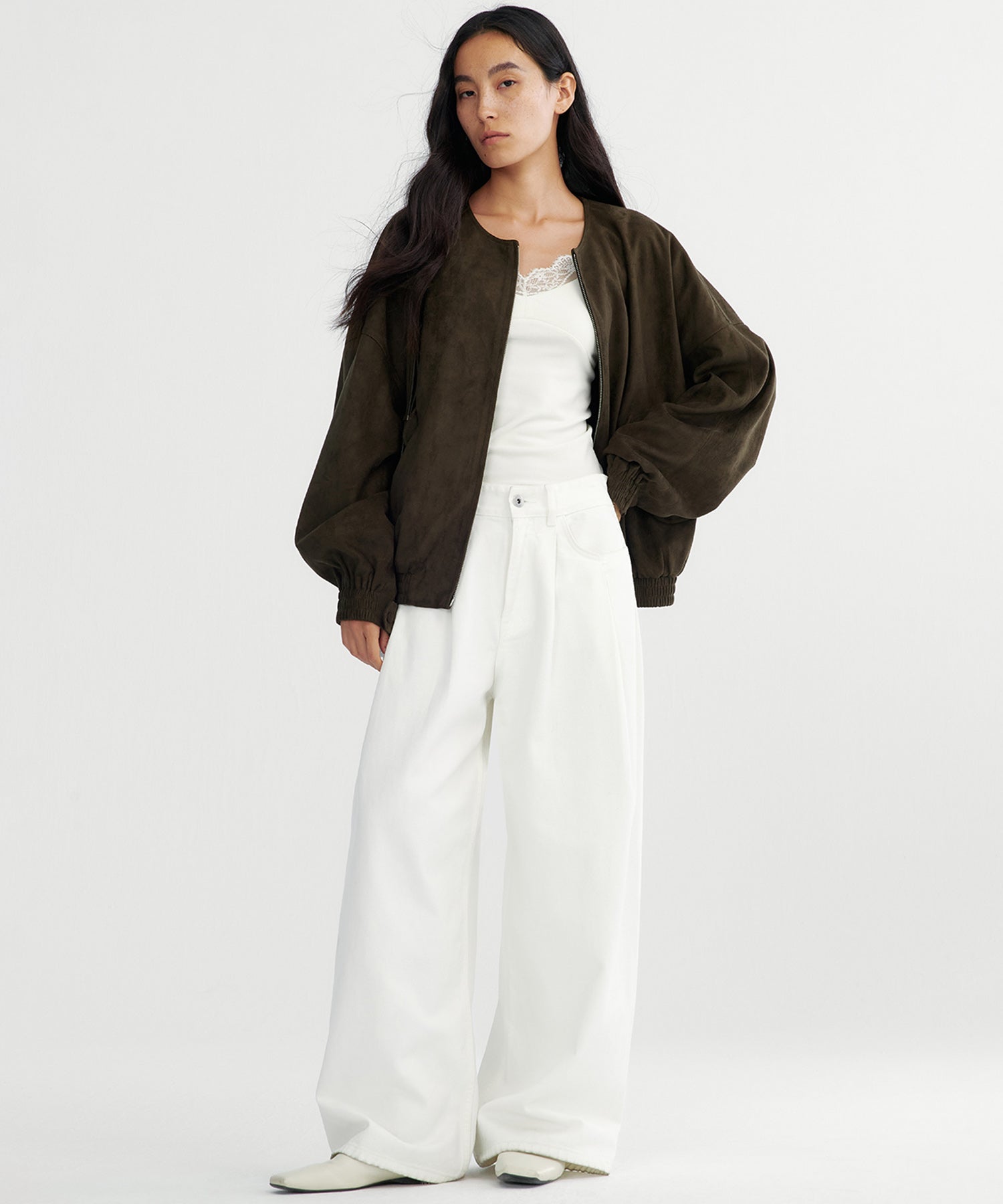 スエードライクノーカラーブルゾン