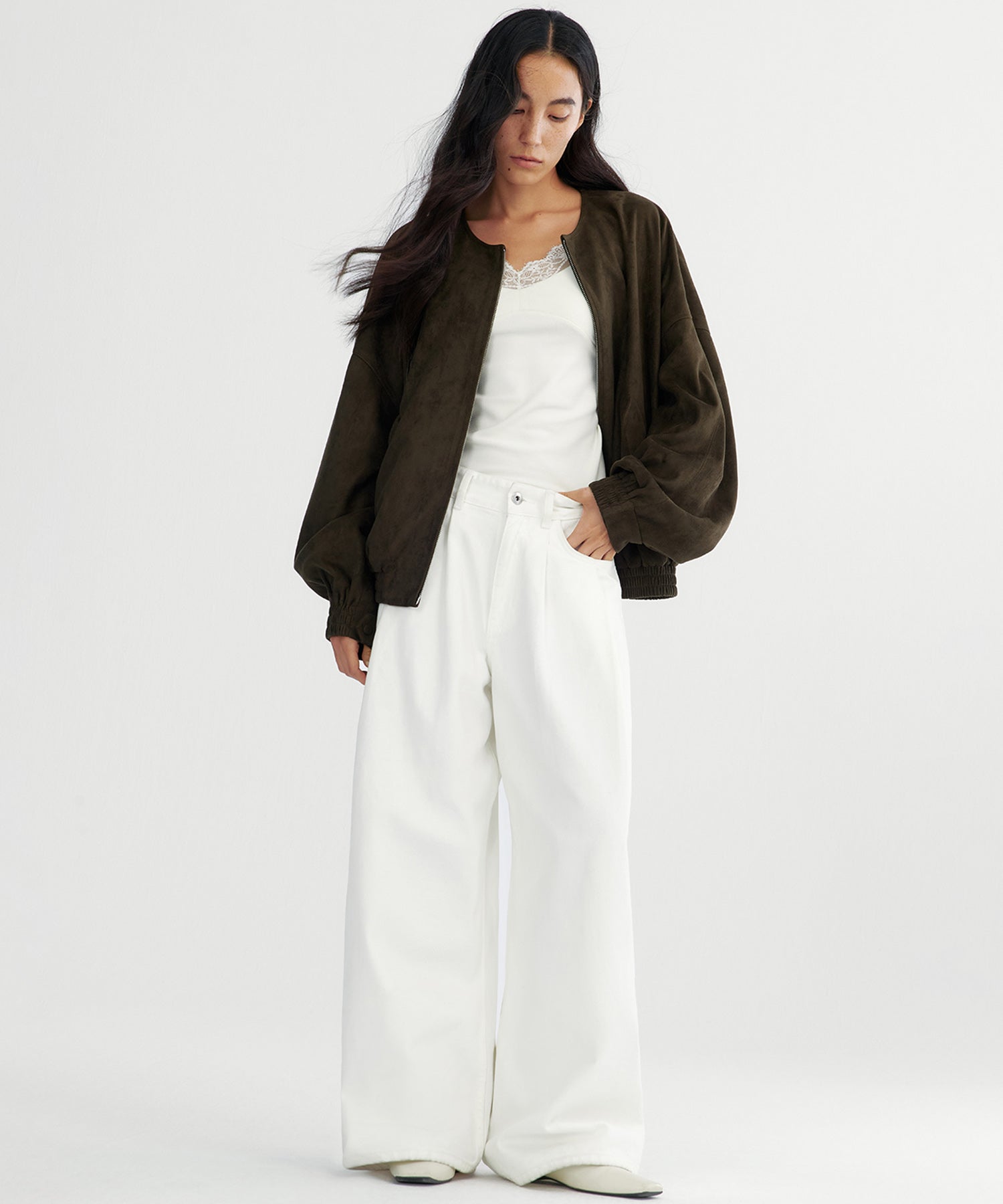 スエードライクノーカラーブルゾン