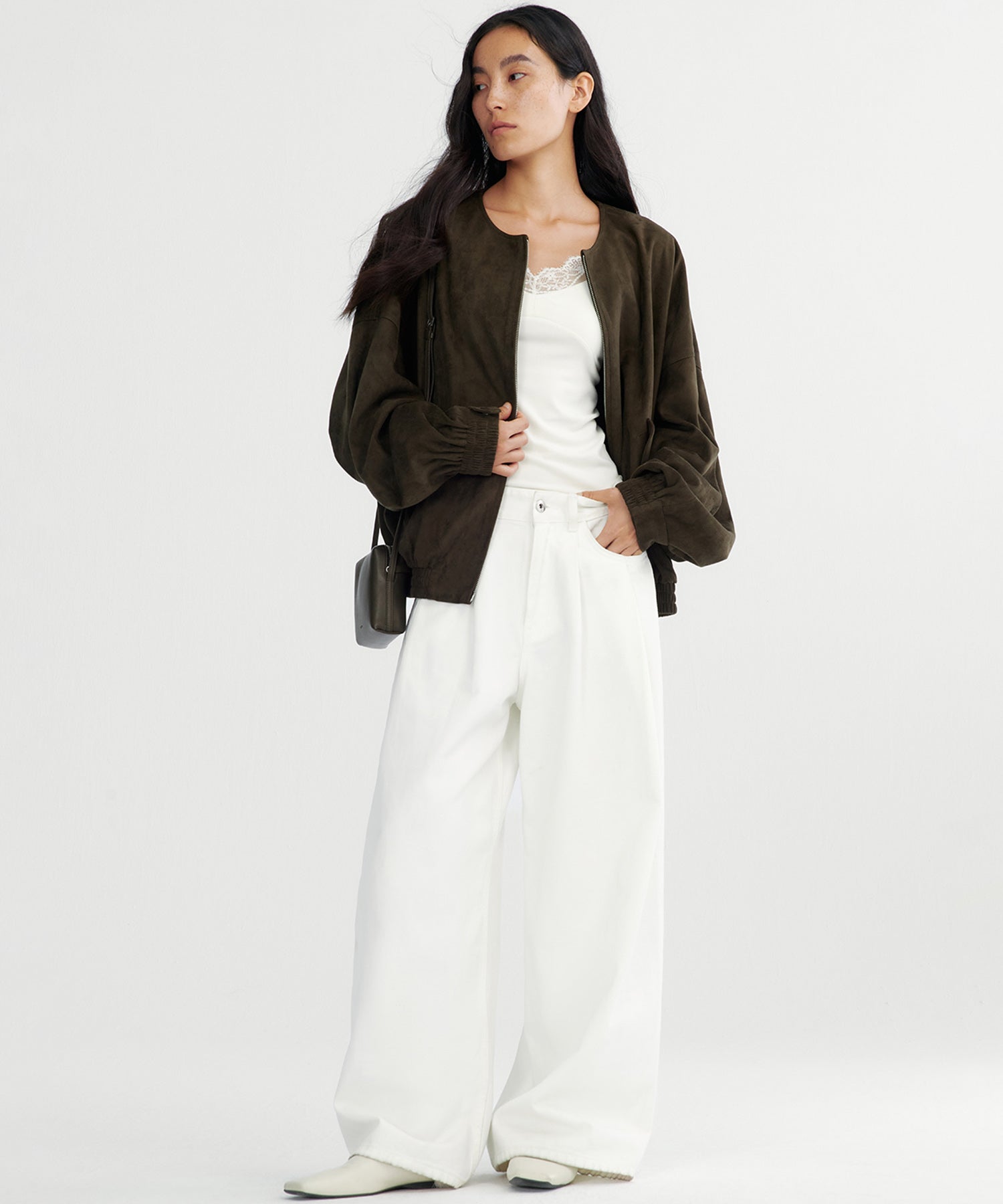 スエードライクノーカラーブルゾン