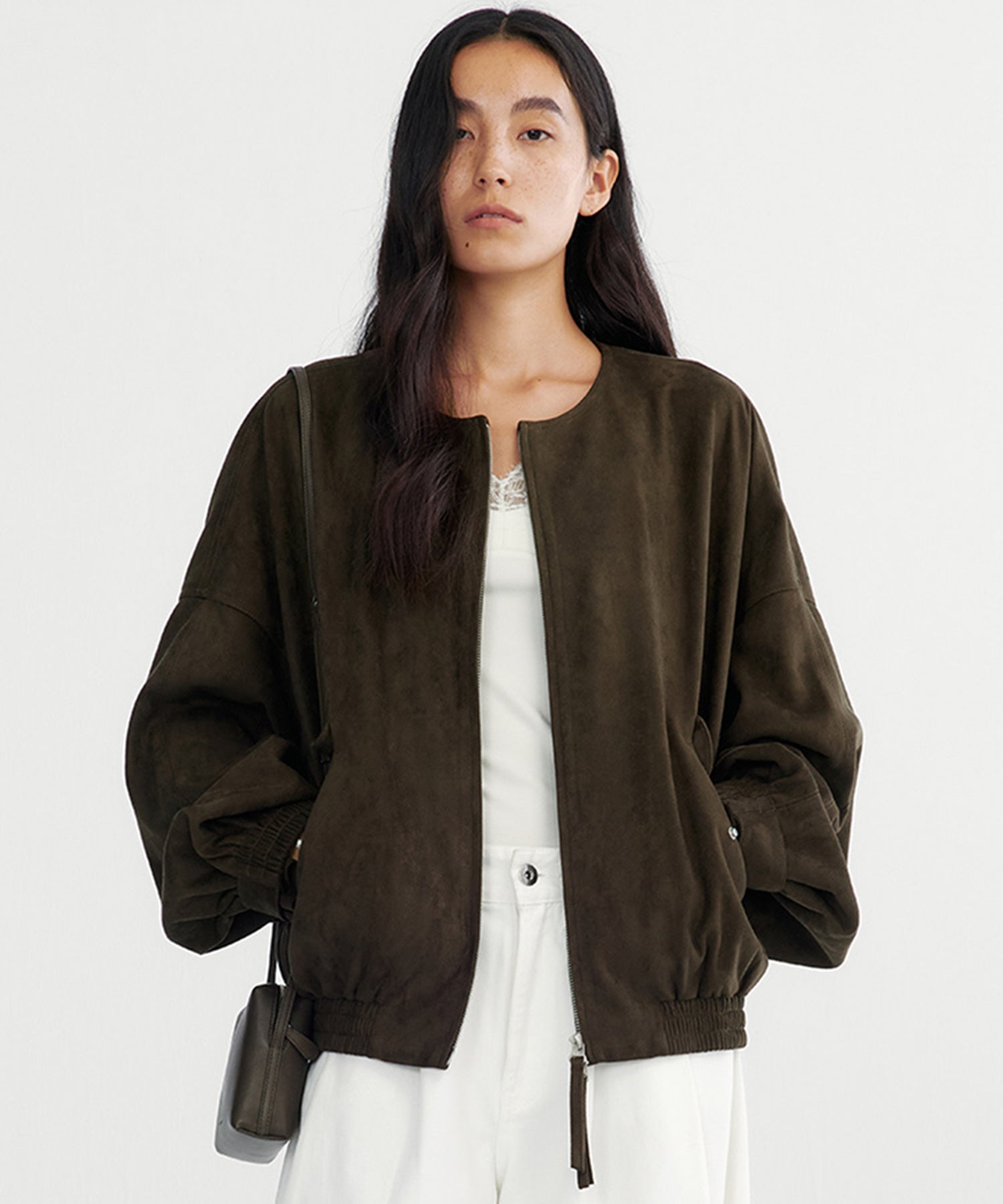 スエードライクノーカラーブルゾン