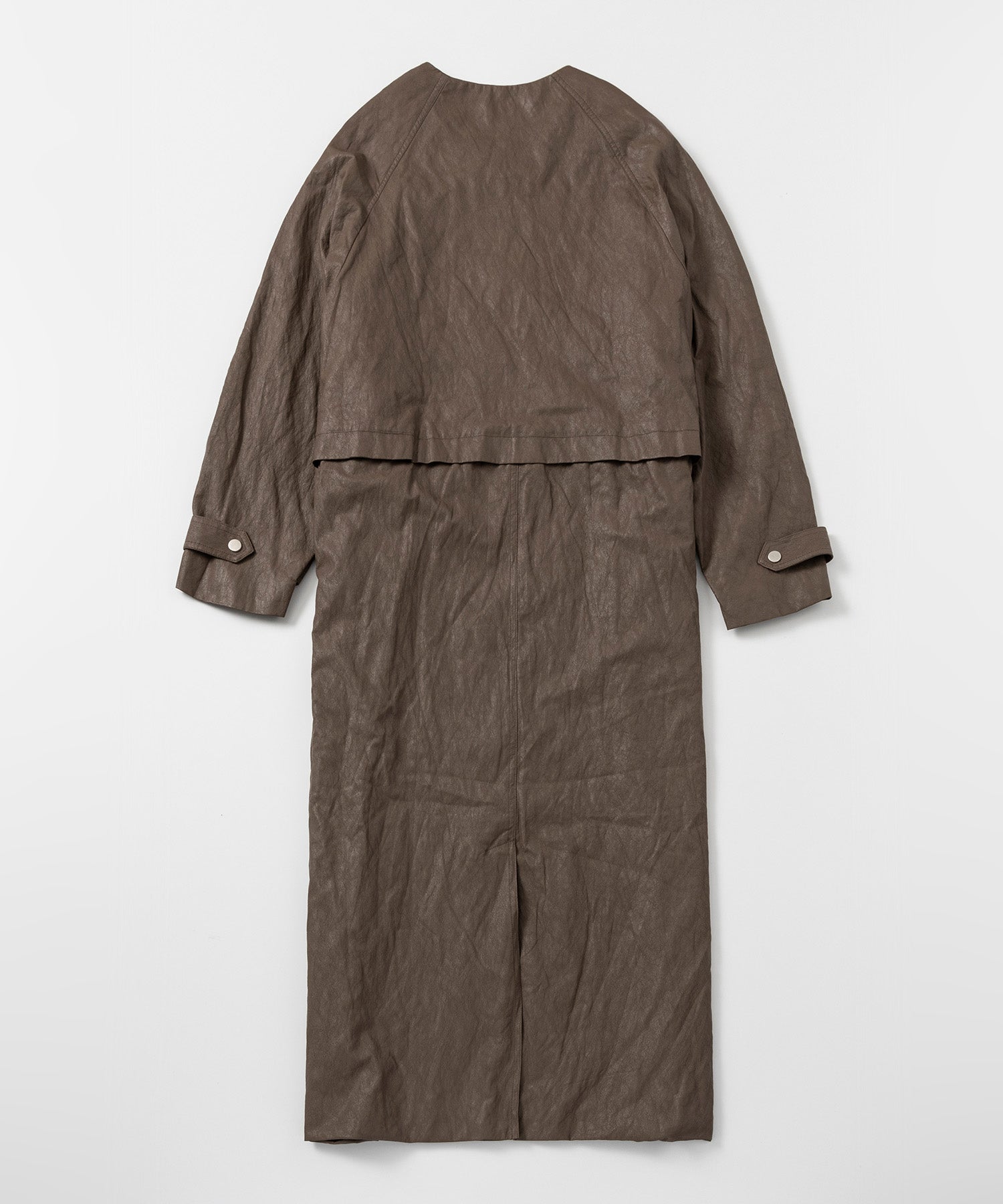 シンセティックレザー ノーカラーロングコート