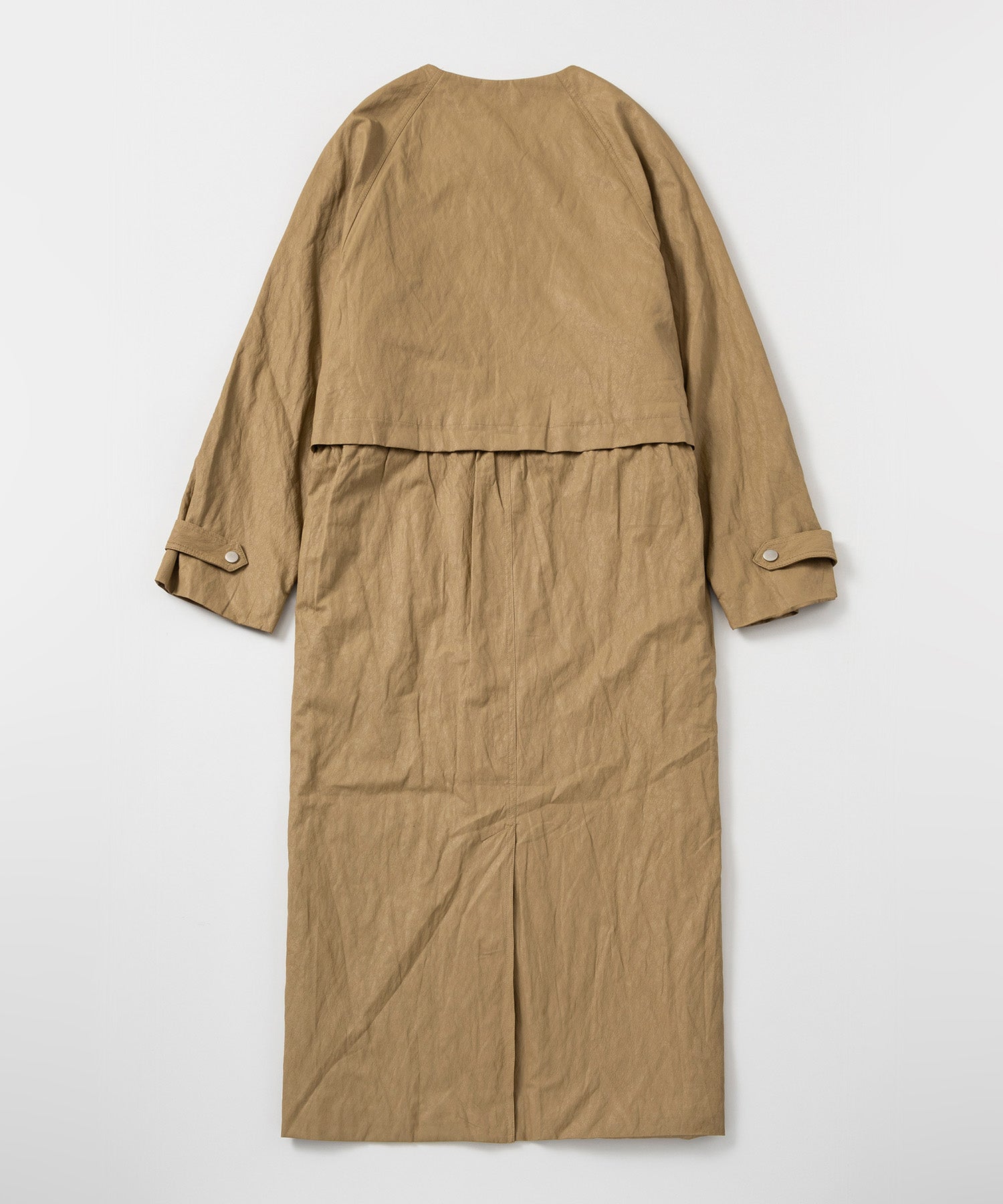 シンセティックレザー ノーカラーロングコート