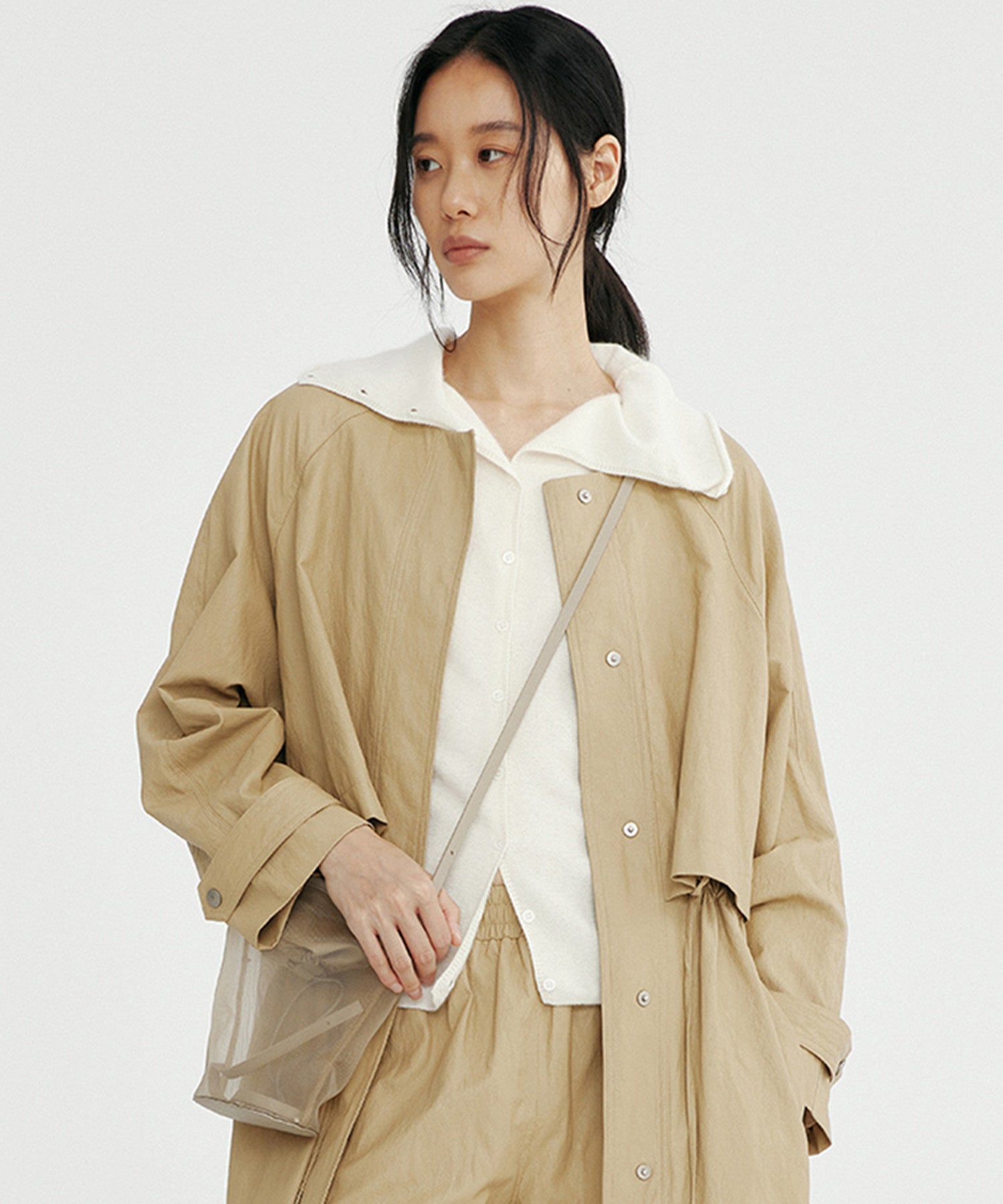 シンセティックレザー ノーカラーロングコート