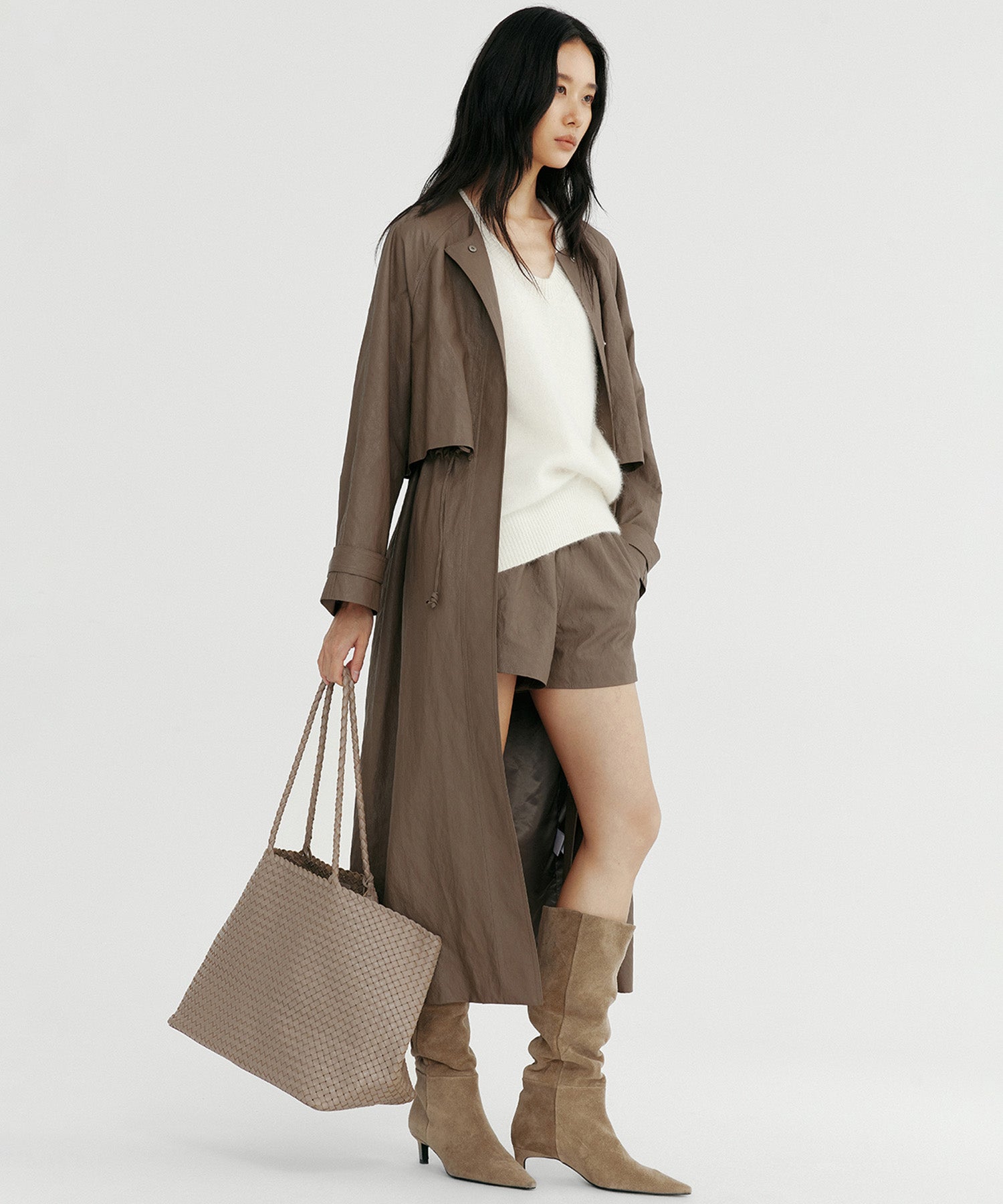 シンセティックレザー ノーカラーロングコート