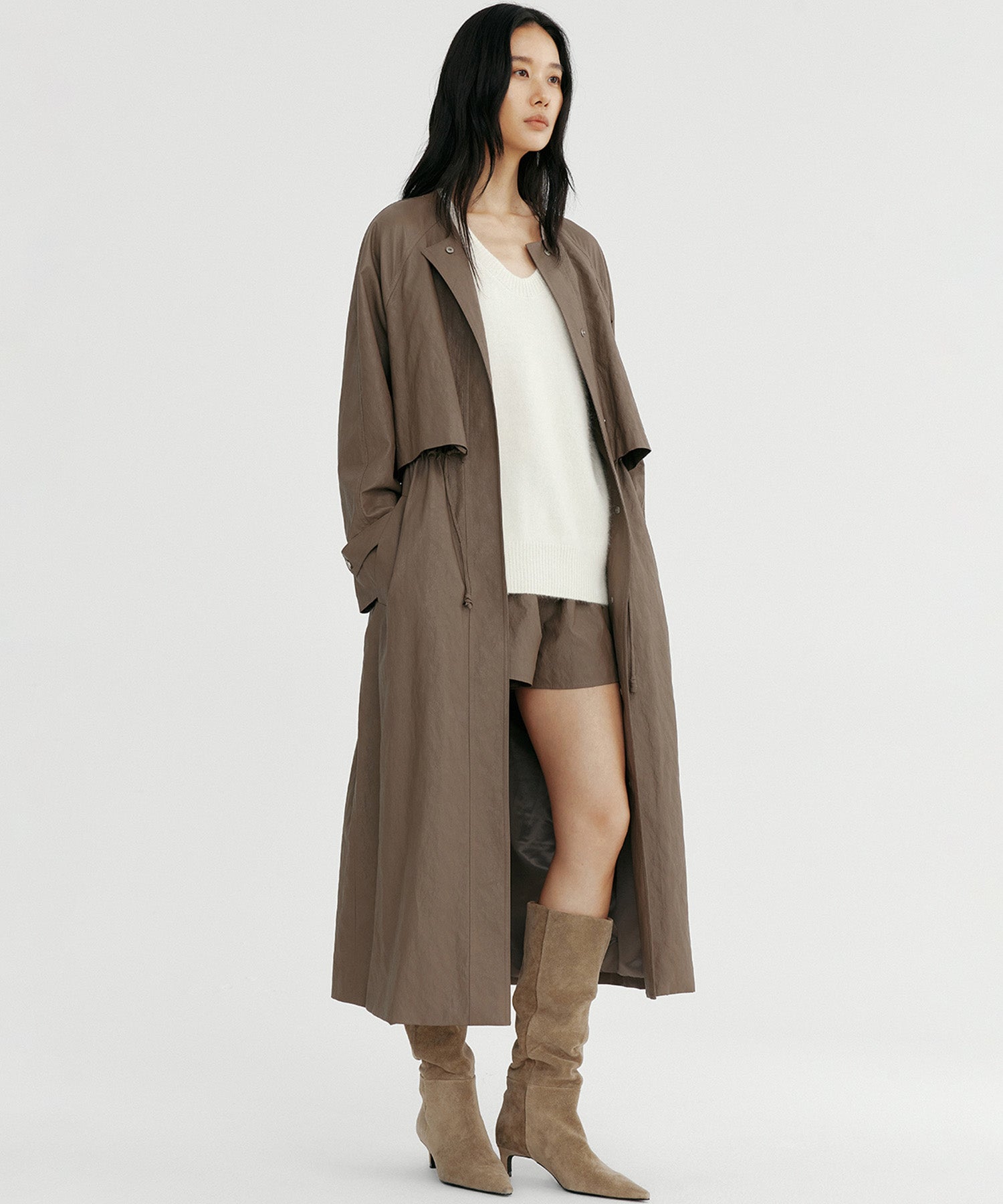 シンセティックレザー ノーカラーロングコート