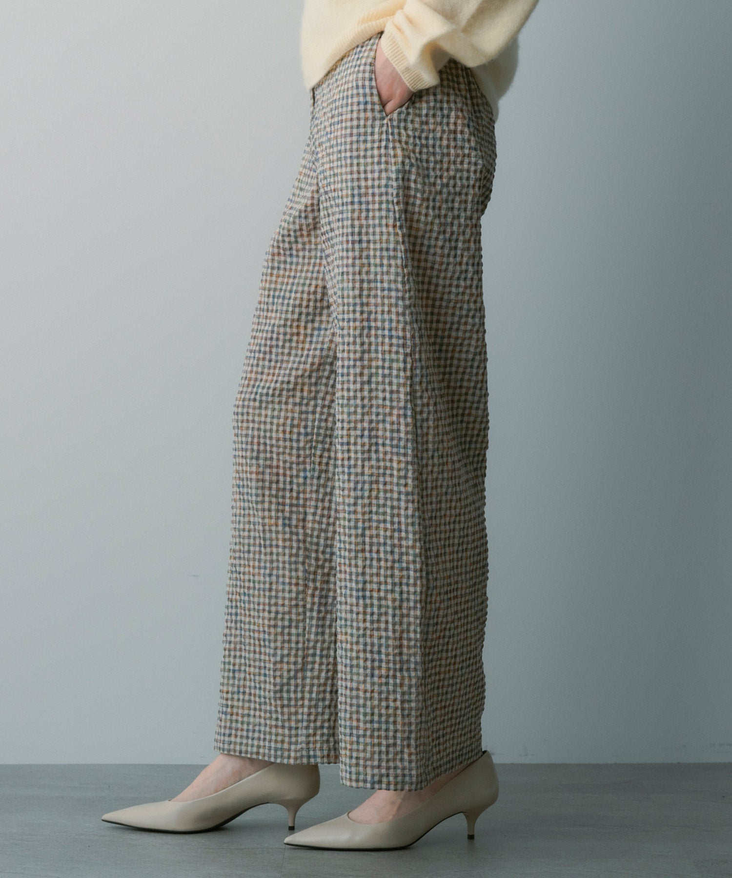 リネンブレンド チェックパンツ