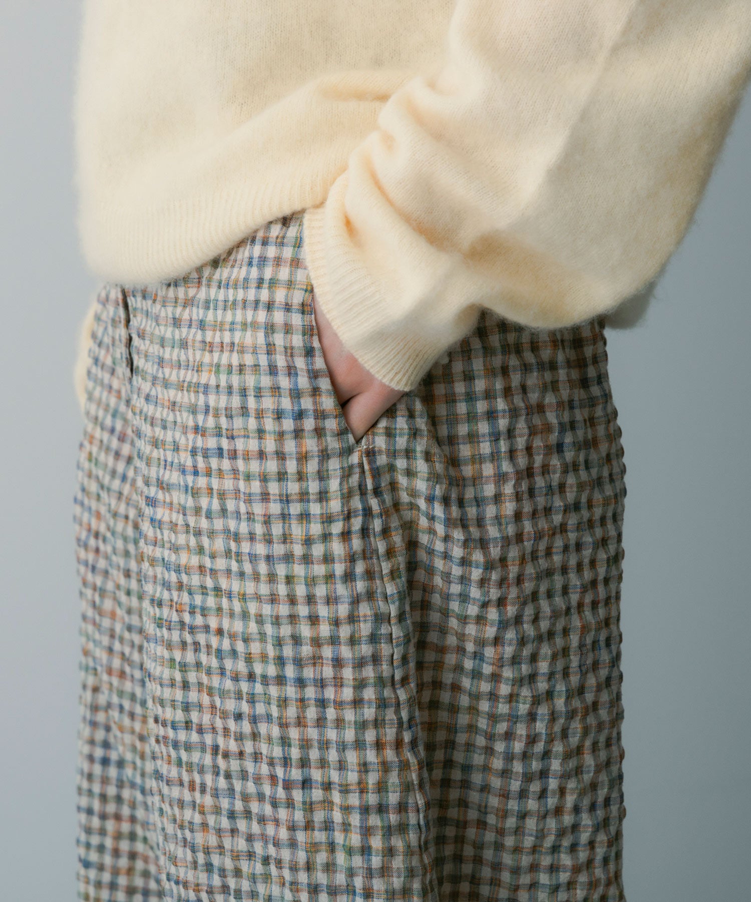 リネンブレンド チェックパンツ