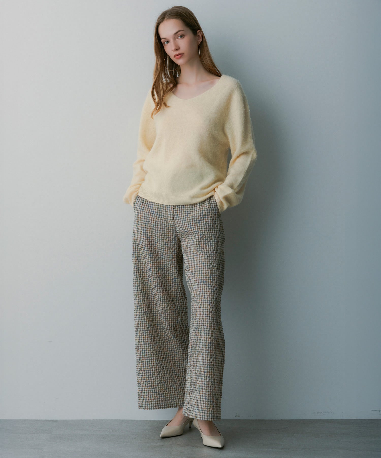 リネンブレンド チェックパンツ