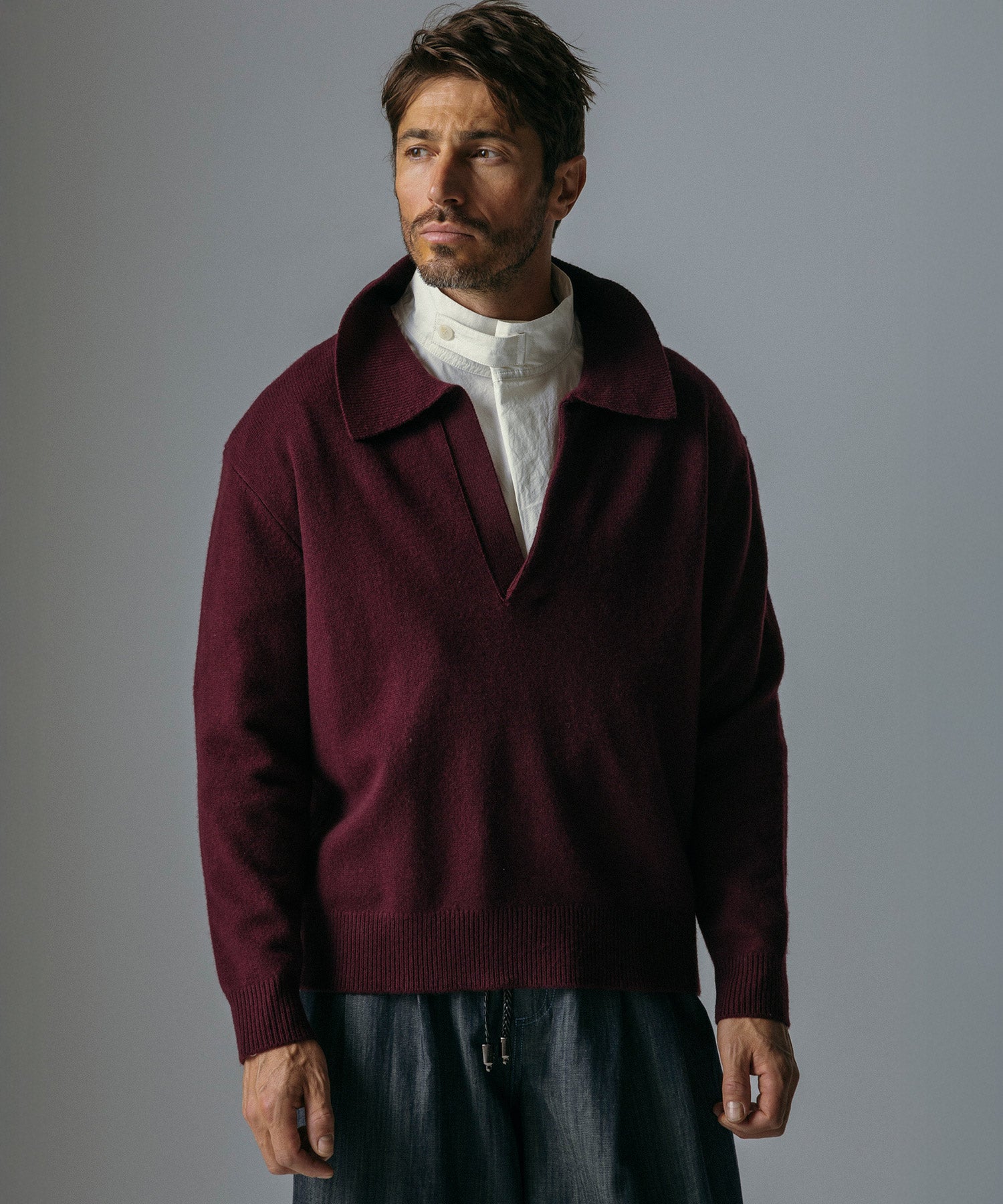 ウールブレンド Vネック ニットポロ