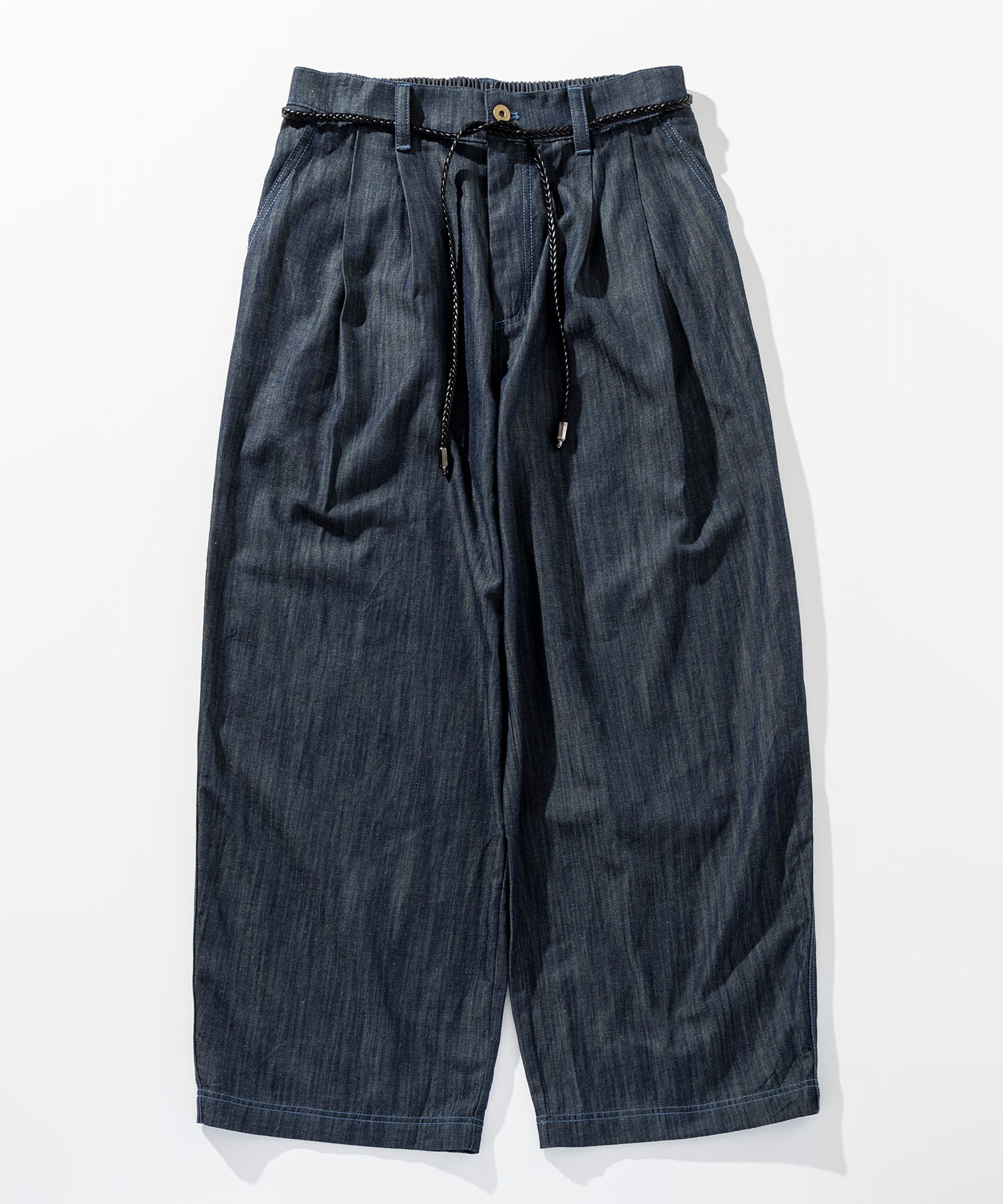 編み紐付き クロップド丈 ワイドデニムパンツ