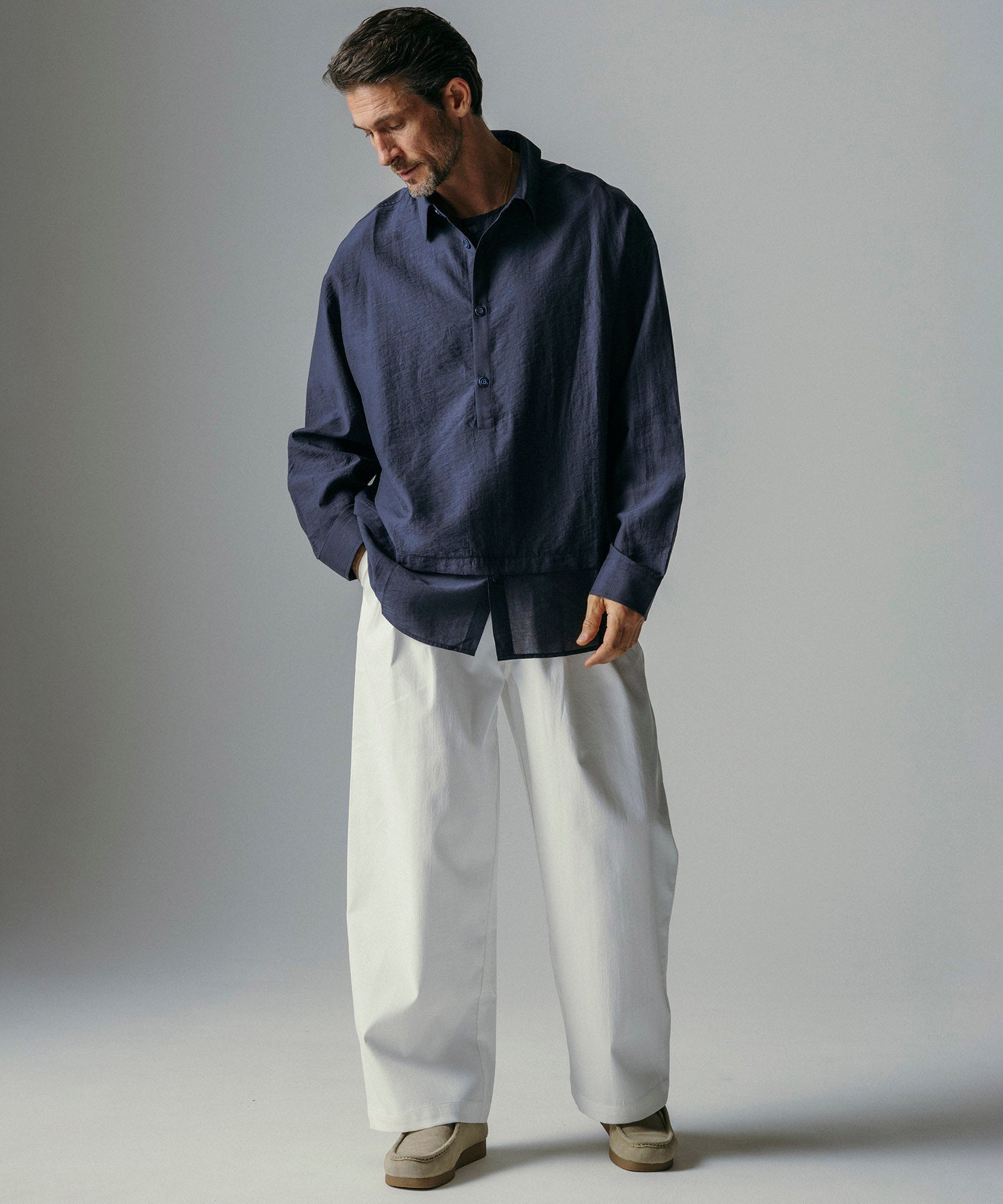 【12月上旬お届け予約商品】リネンブレンド スタンドカラー プルオーバーシャツ