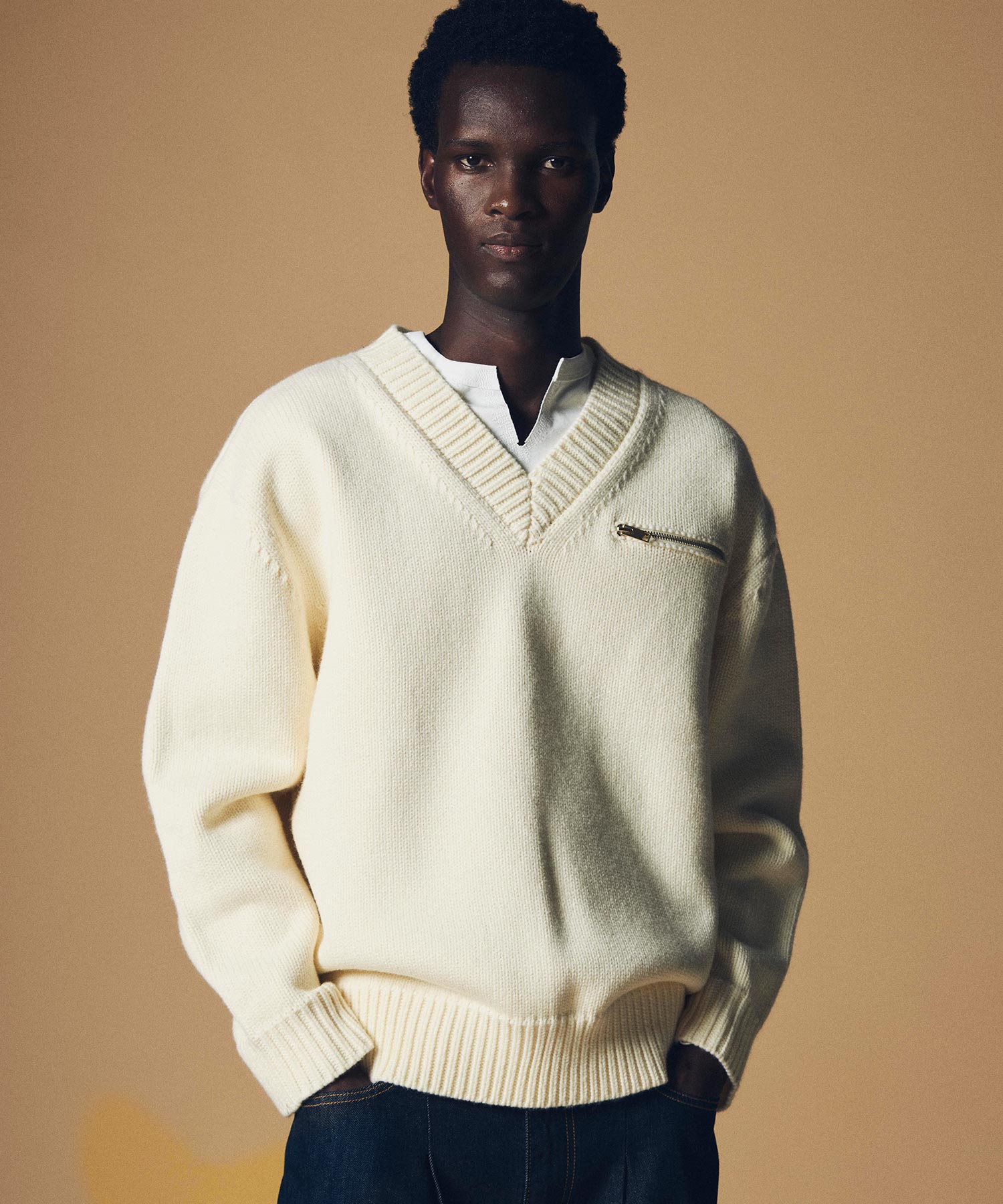 【12月上旬お届け予約商品】畦編み Vネック ジップアップニットプルオーバー