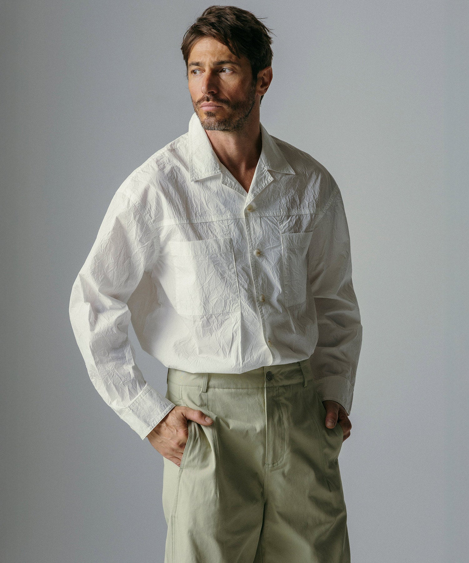 コットンブレンド 開襟長袖シャツ