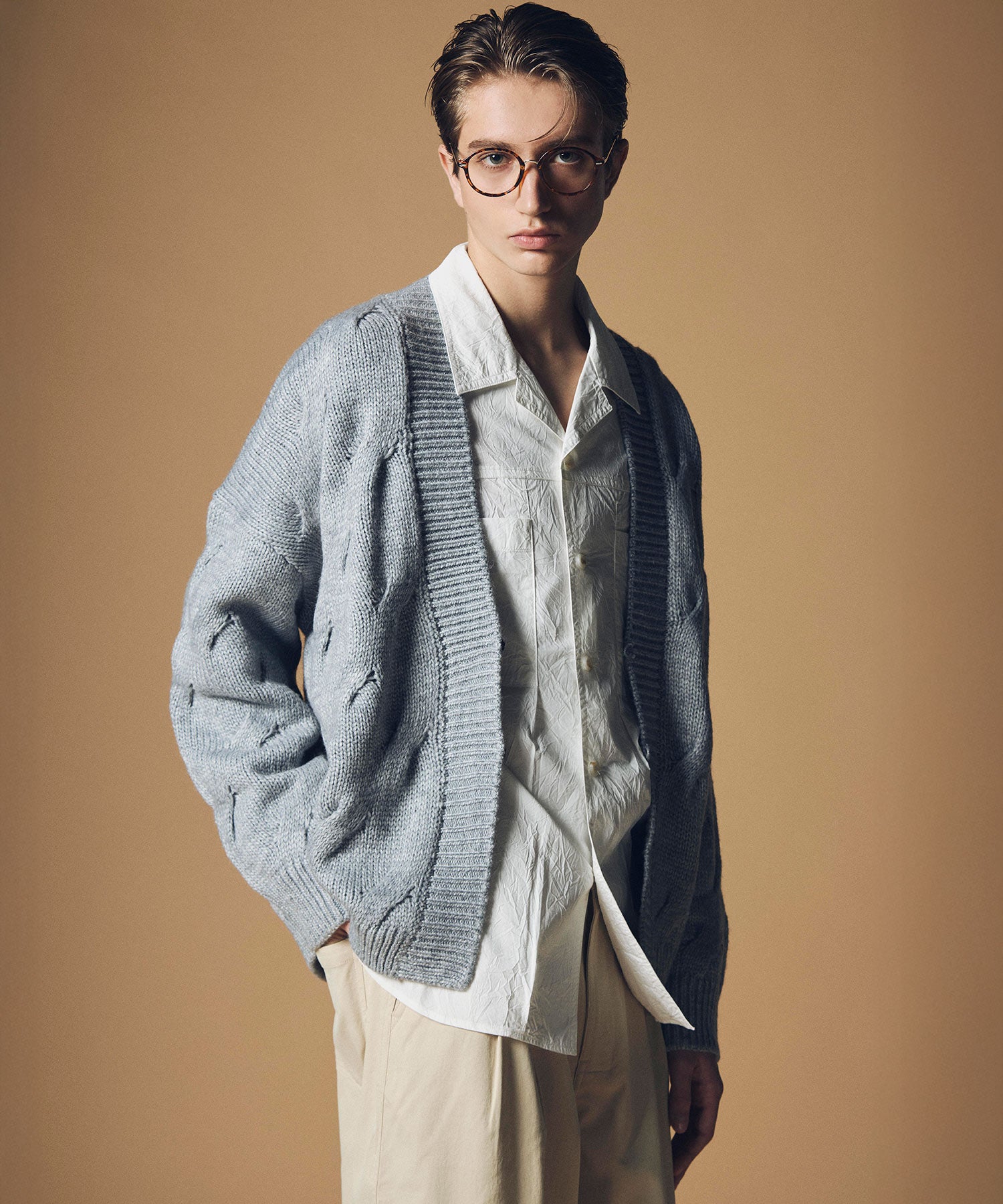 コットンブレンド 開襟長袖シャツ