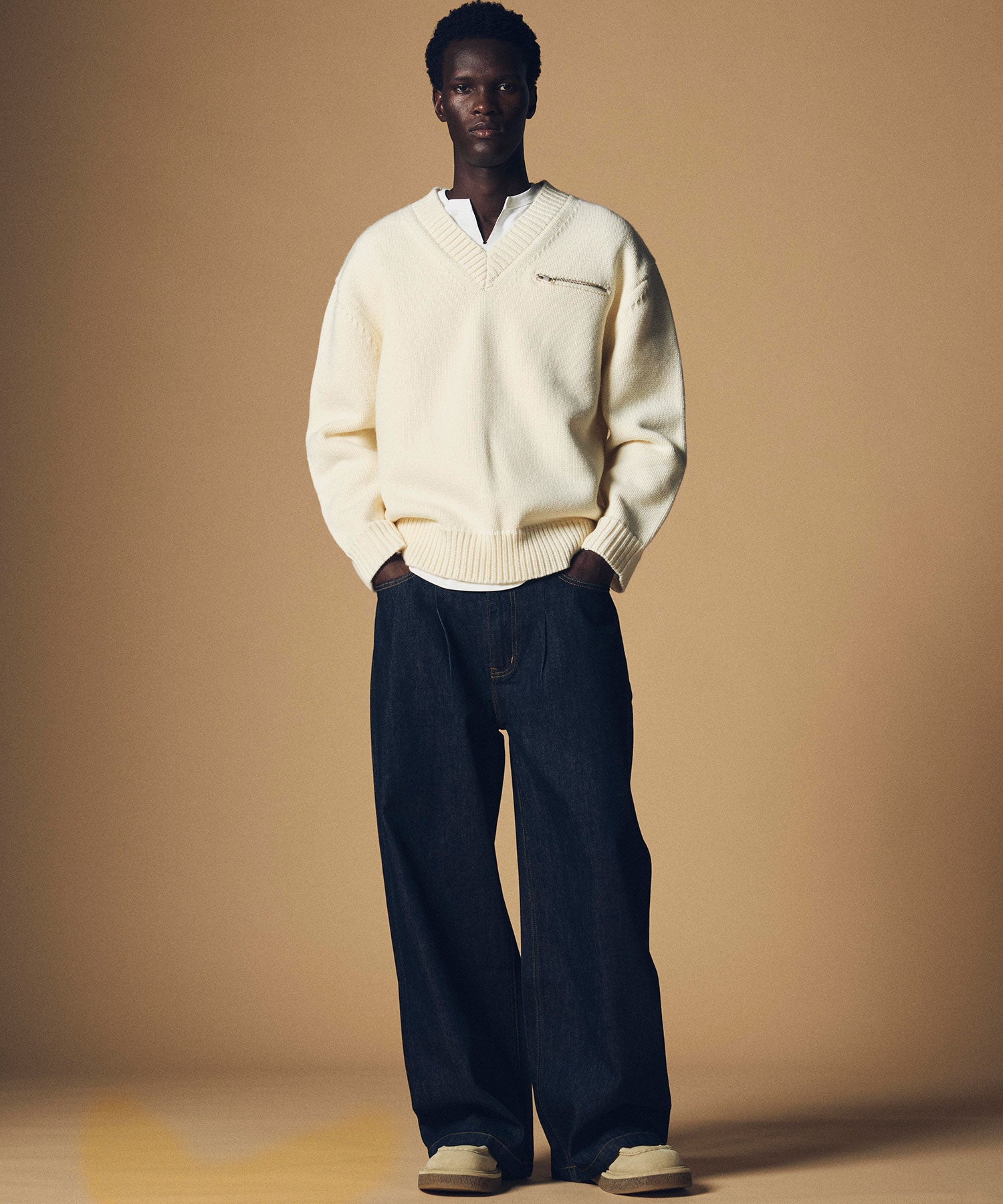 【12月上旬お届け予約商品】畦編み Vネック ジップアップニットプルオーバー