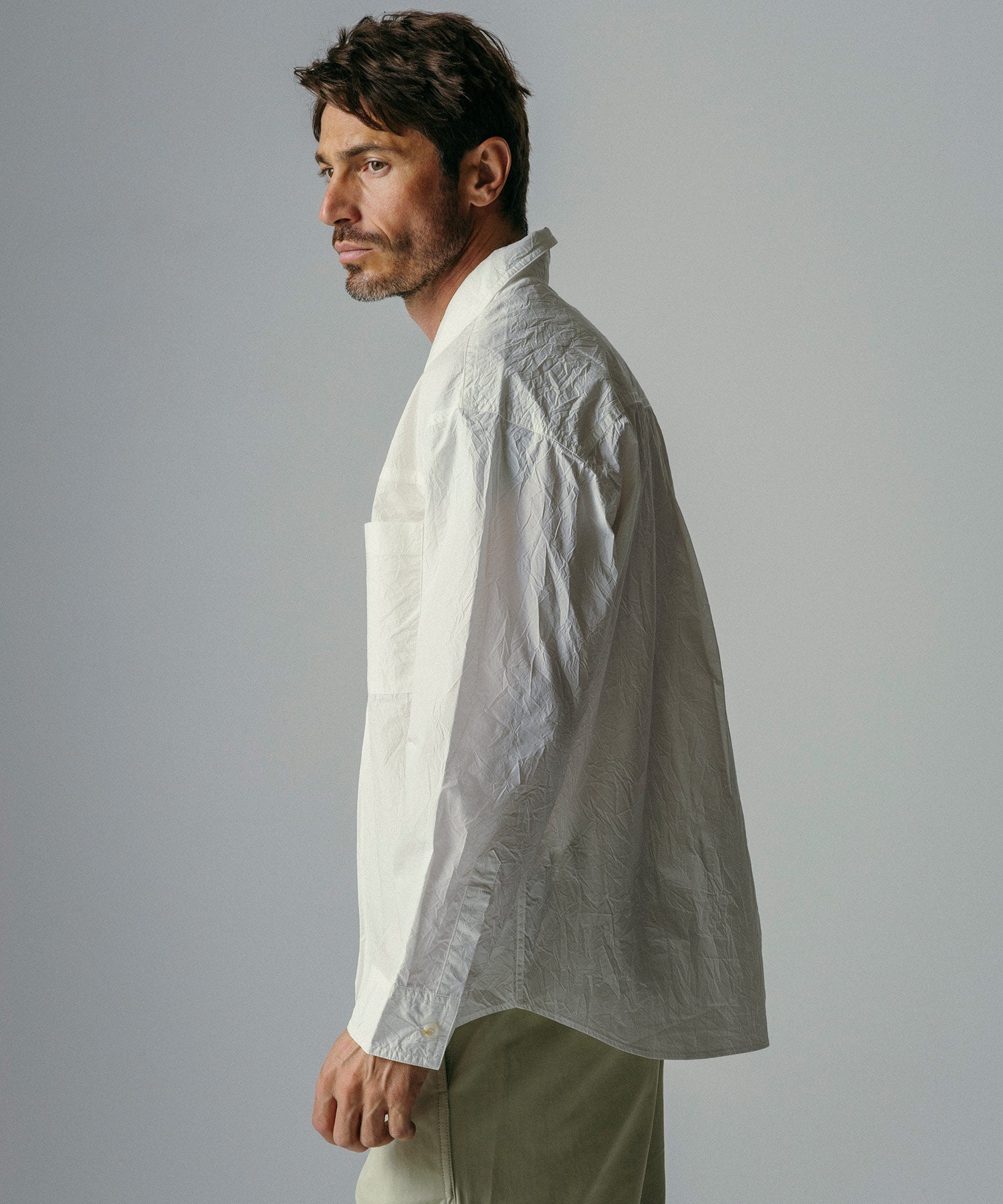 コットンブレンド 開襟長袖シャツ