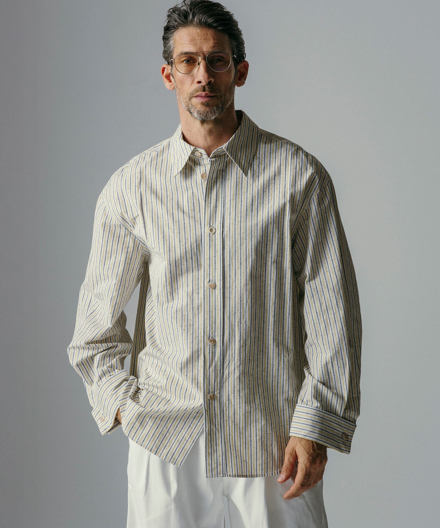 リネンブレンド ストライプシャツ