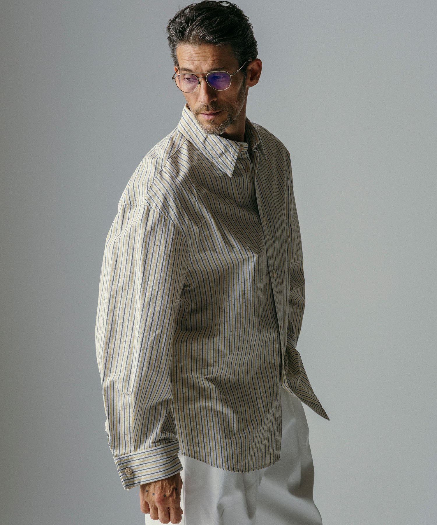 リネンブレンド ストライプシャツ