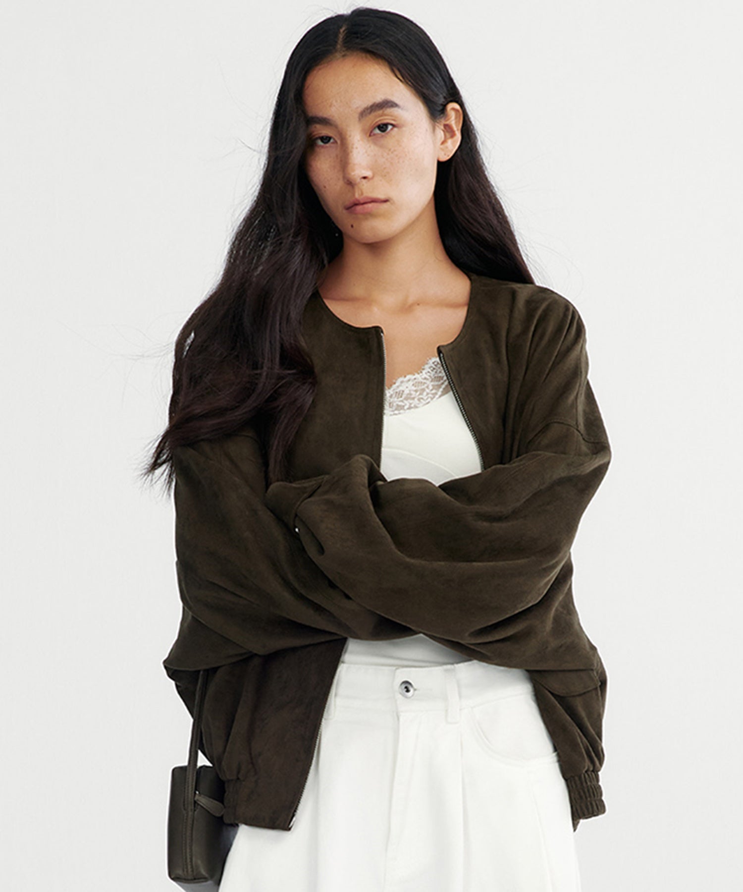 スエードライクノーカラーブルゾン