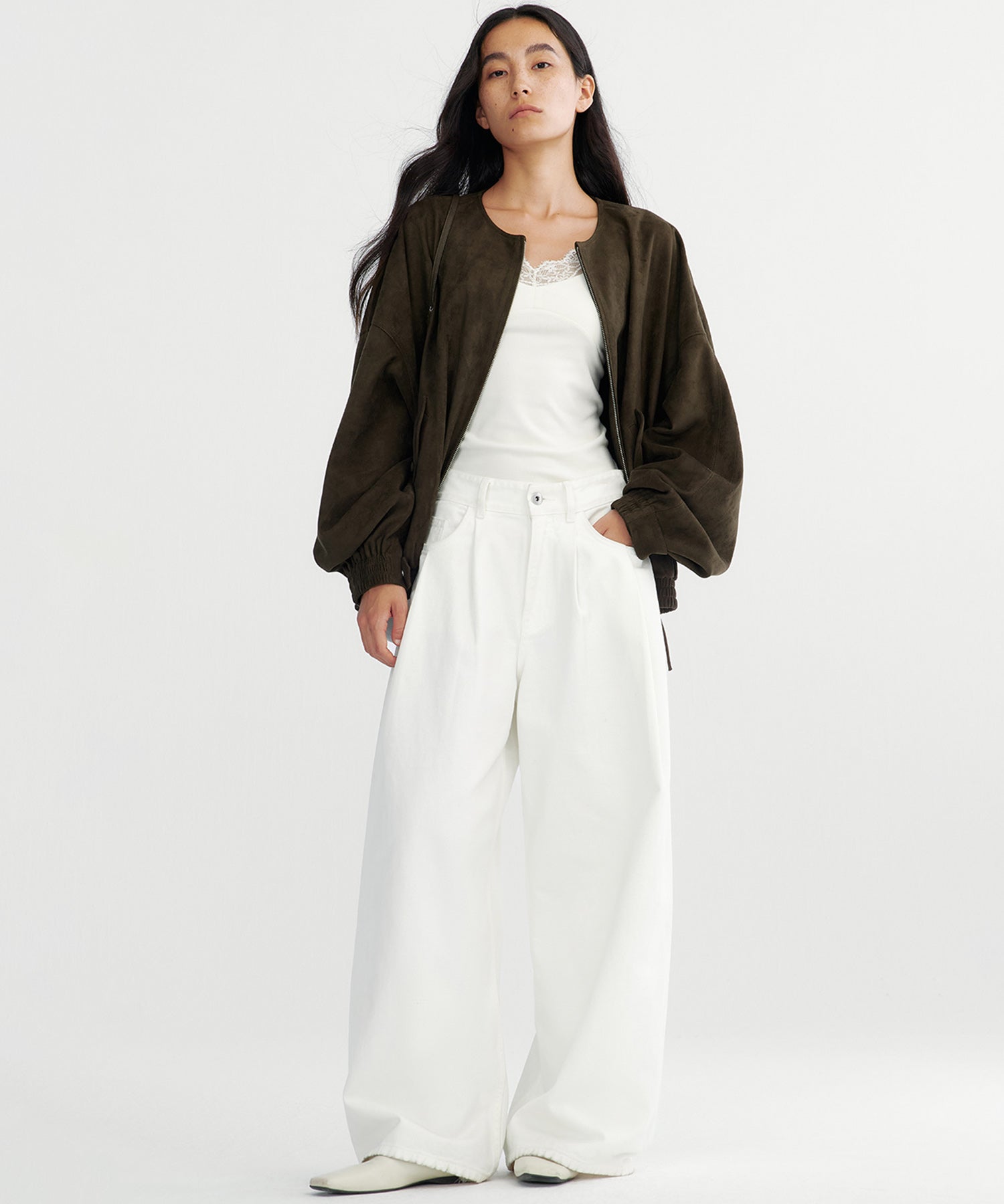 スエードライクノーカラーブルゾン