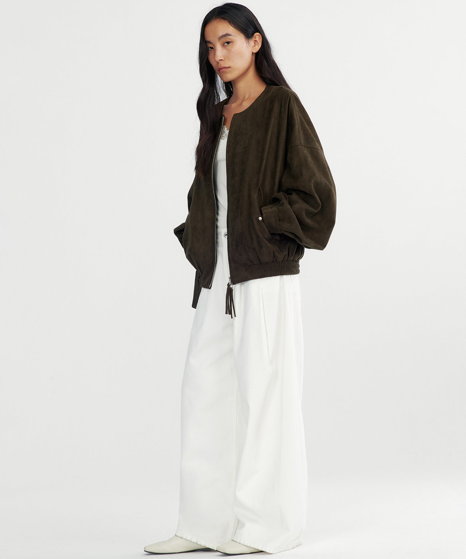 スエードライクノーカラーブルゾン