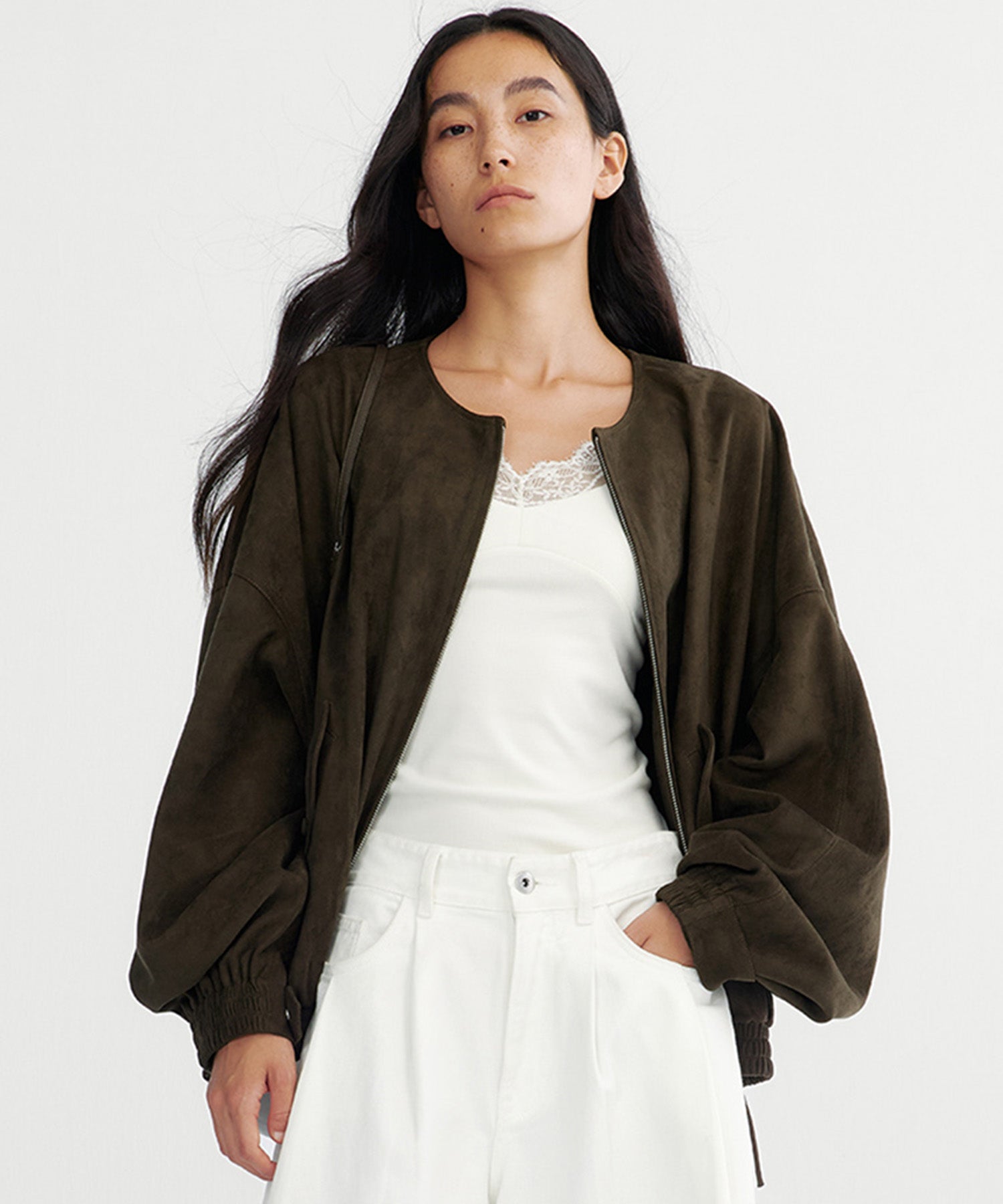 スエードライクノーカラーブルゾン