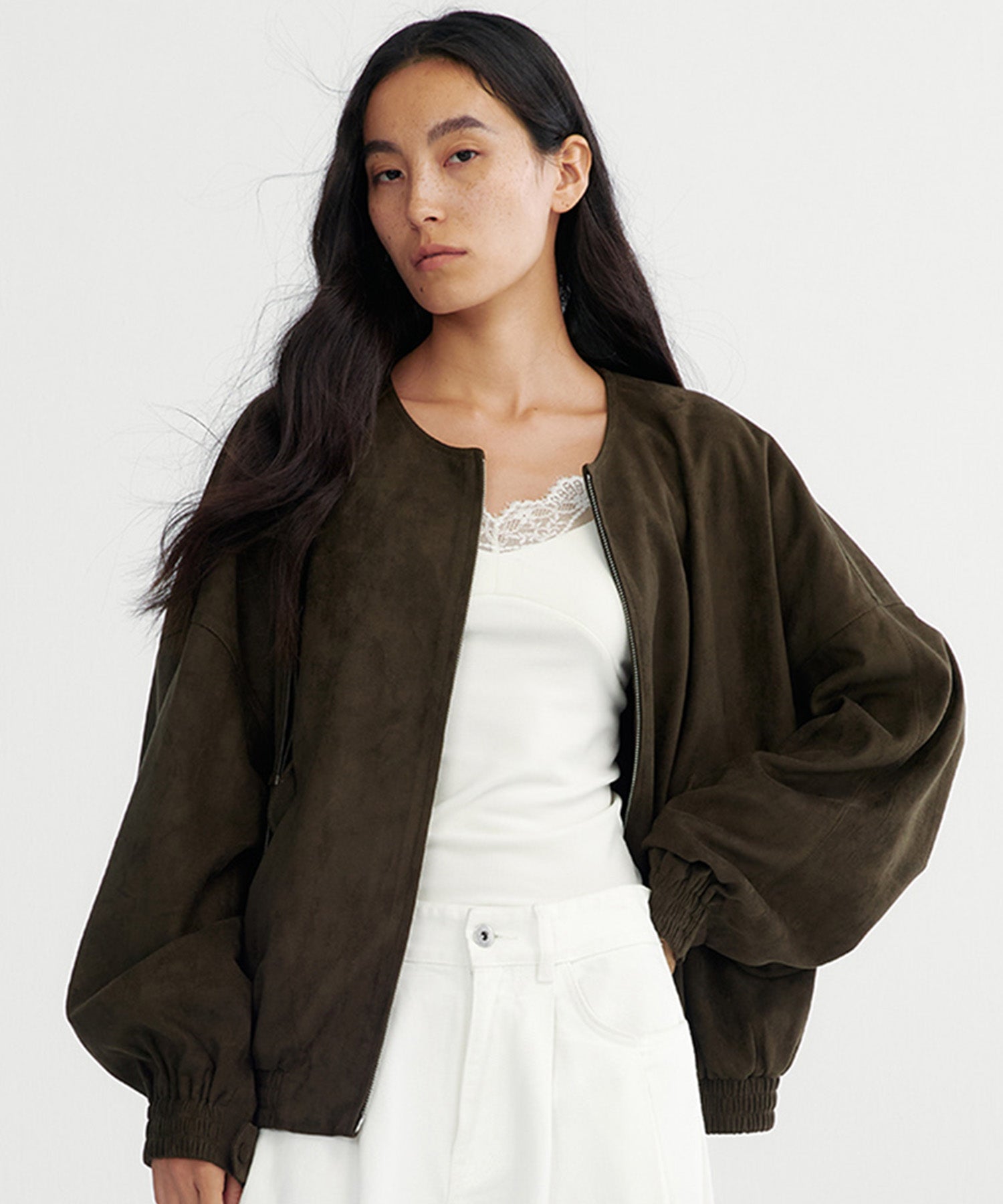 スエードライクノーカラーブルゾン