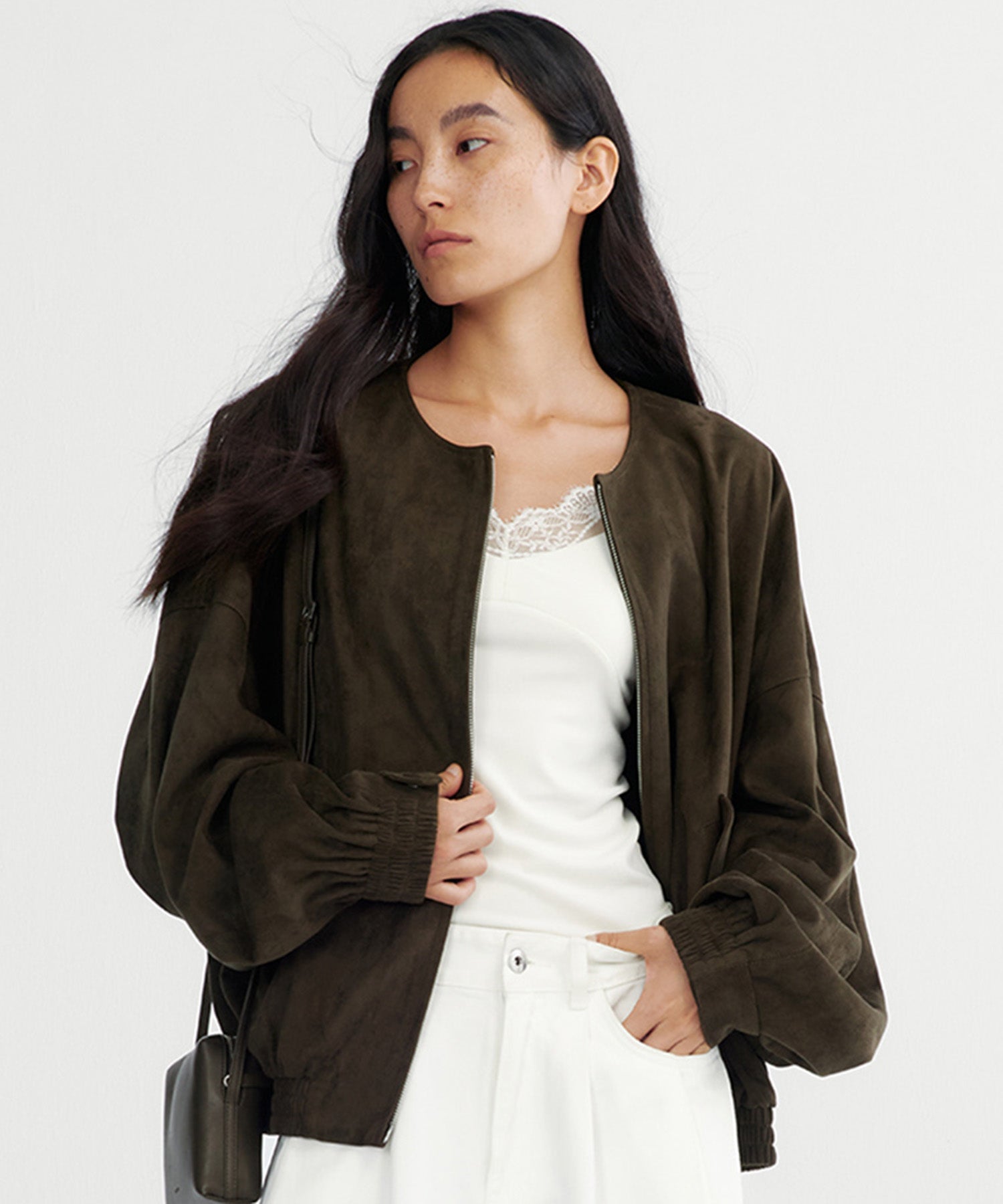 スエードライクノーカラーブルゾン