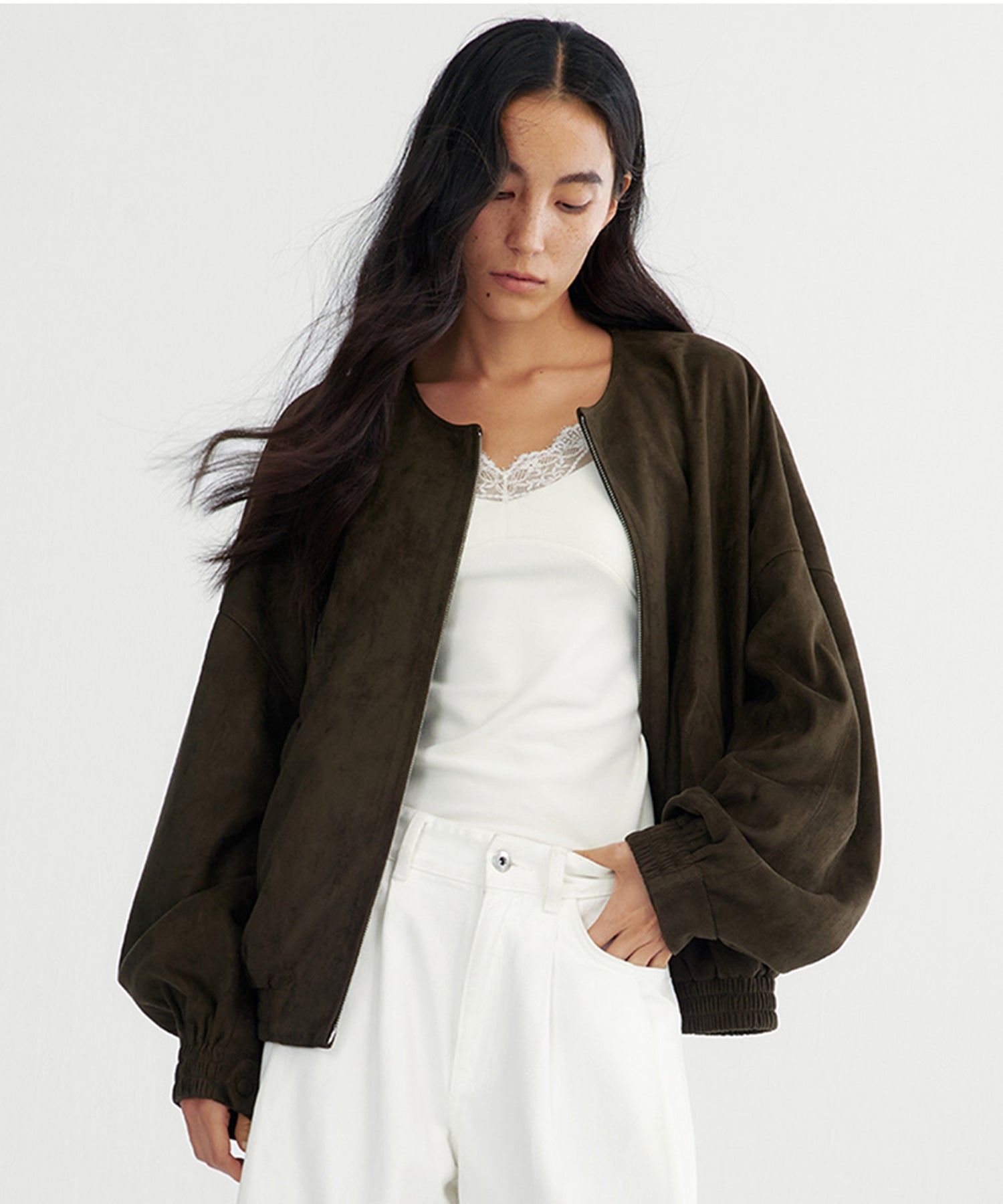 スエードライクノーカラーブルゾン