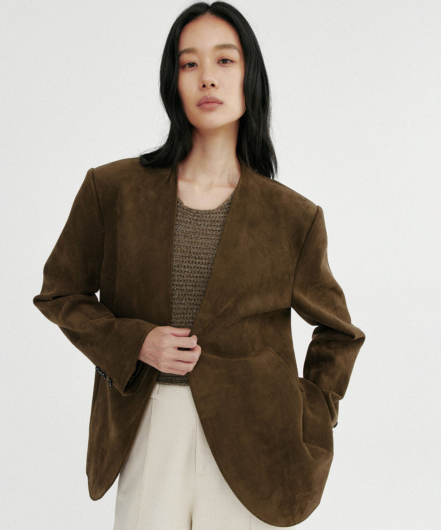 【12月上旬お届け予約商品】スエードタッチノーカラージャケット