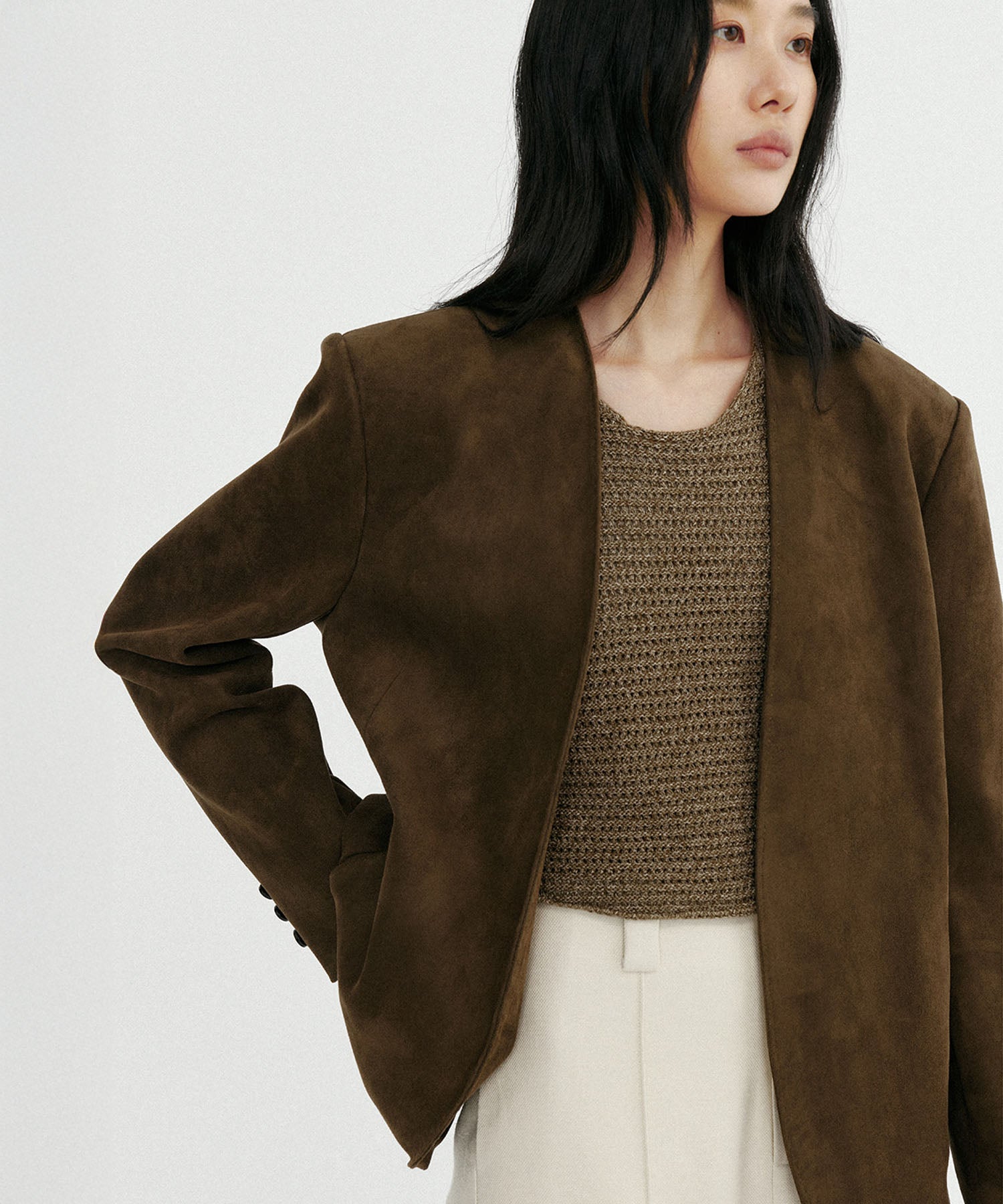 【12月上旬お届け予約商品】スエードタッチノーカラージャケット