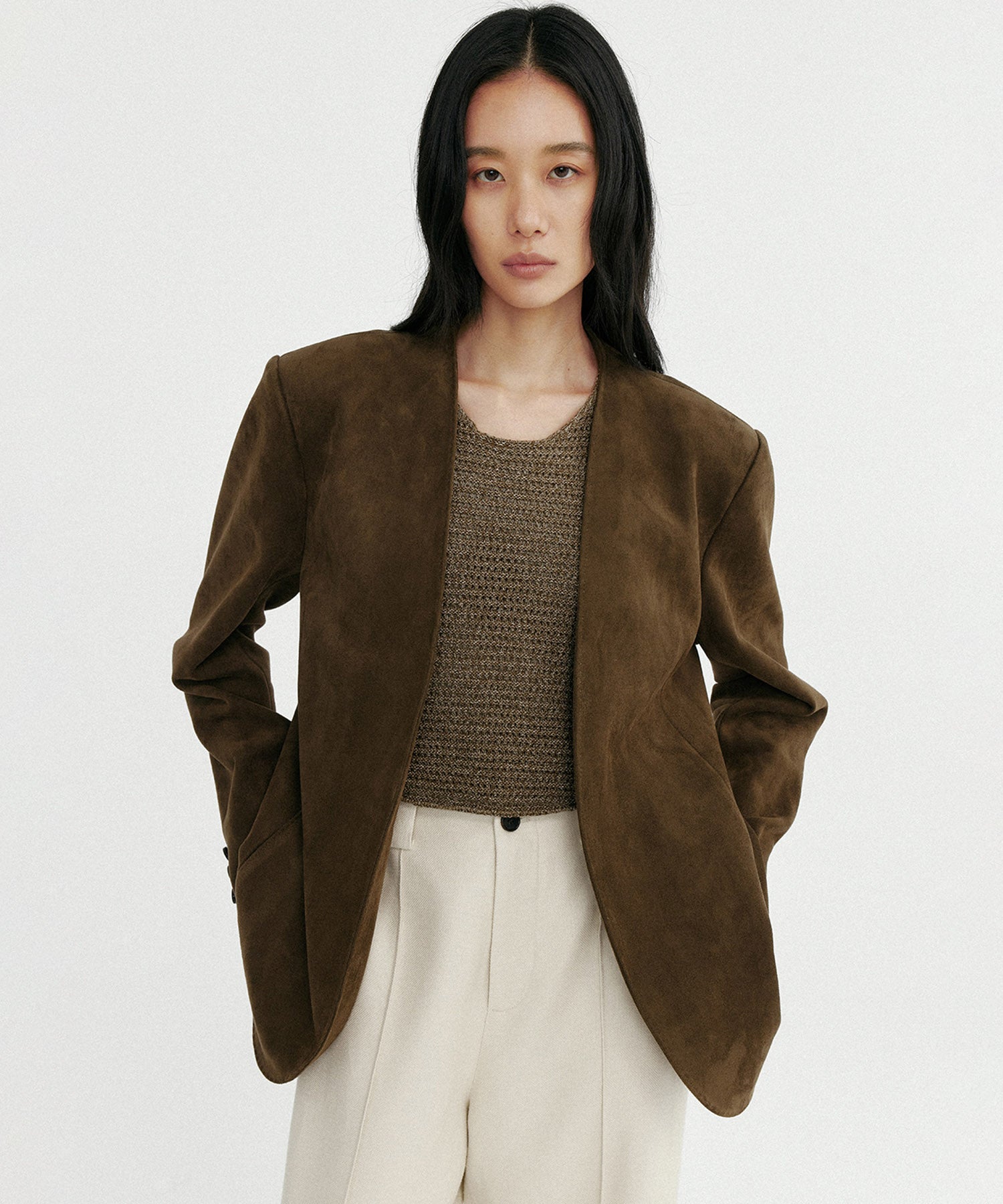 【12月上旬お届け予約商品】スエードタッチノーカラージャケット