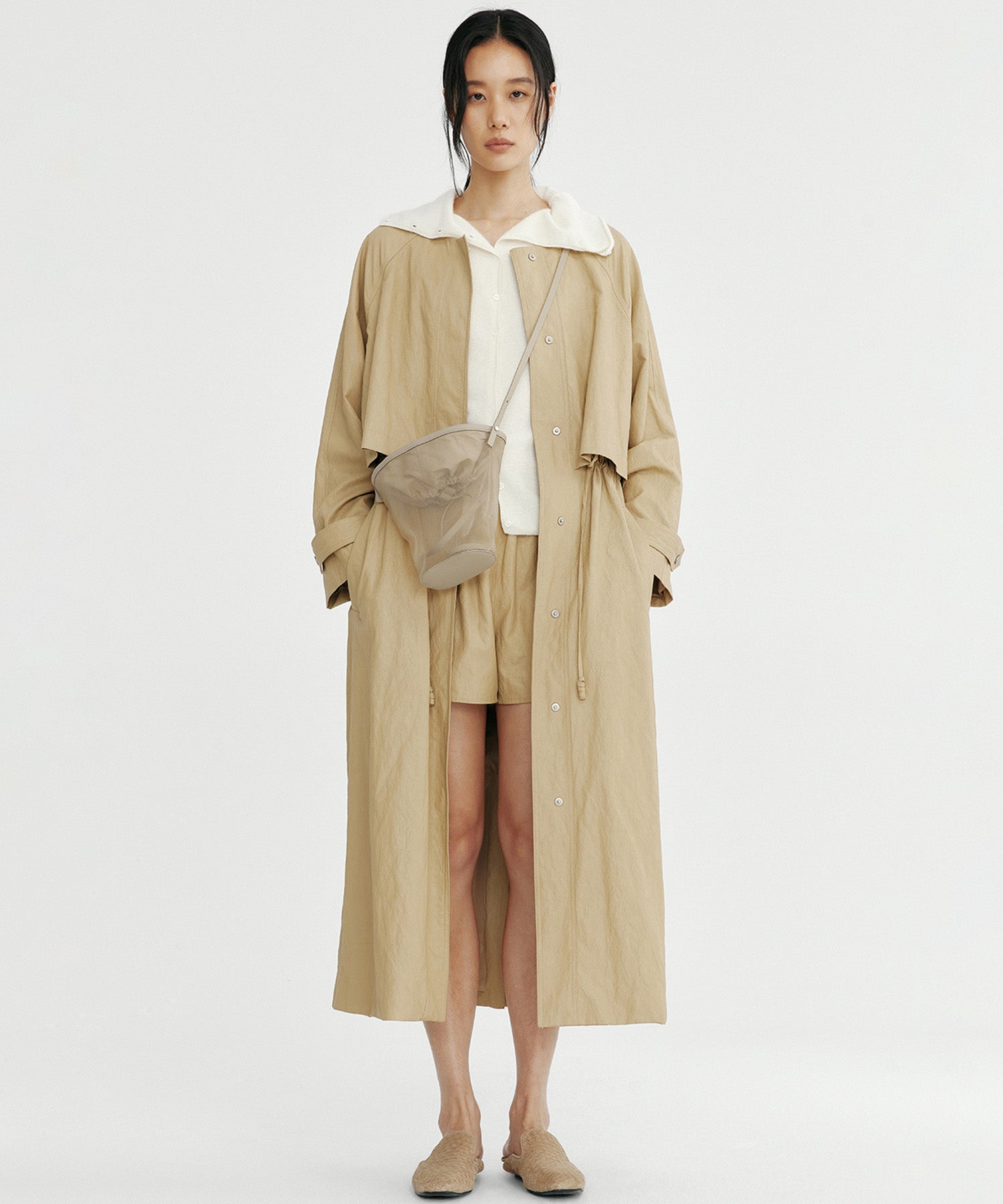 シンセティックレザー ノーカラーロングコート