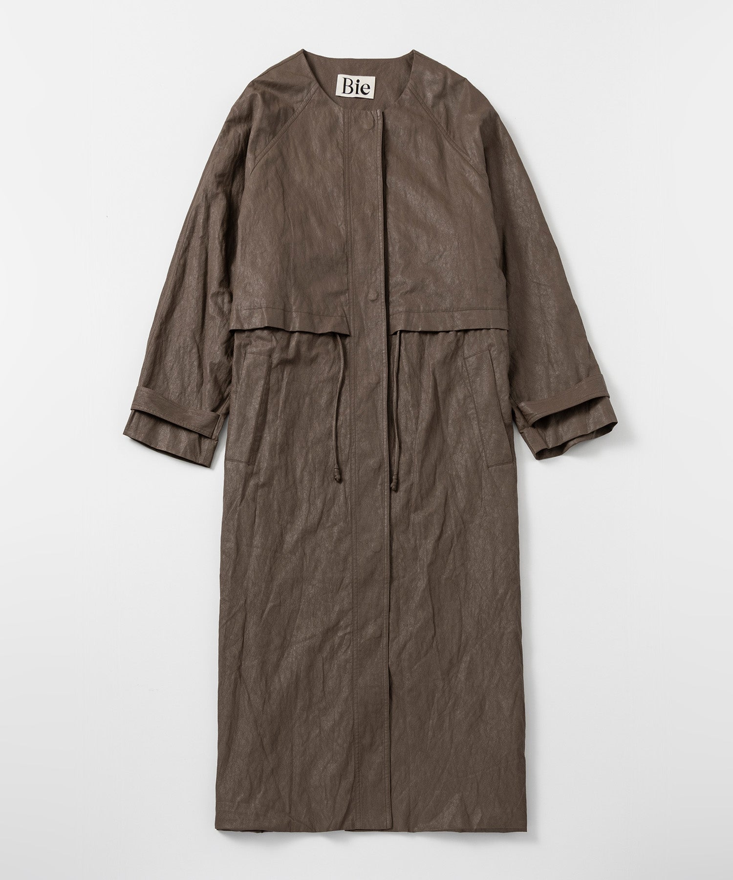 シンセティックレザー ノーカラーロングコート