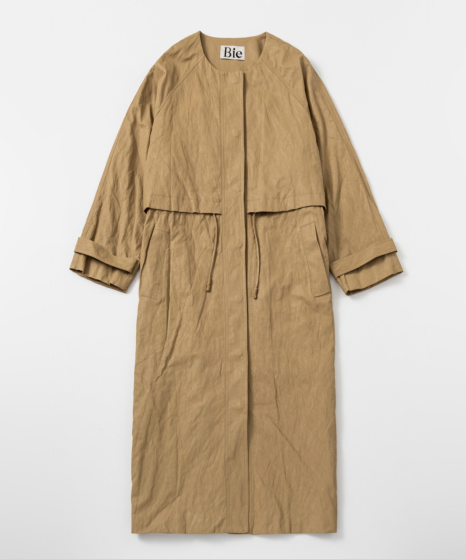 シンセティックレザー ノーカラーロングコート