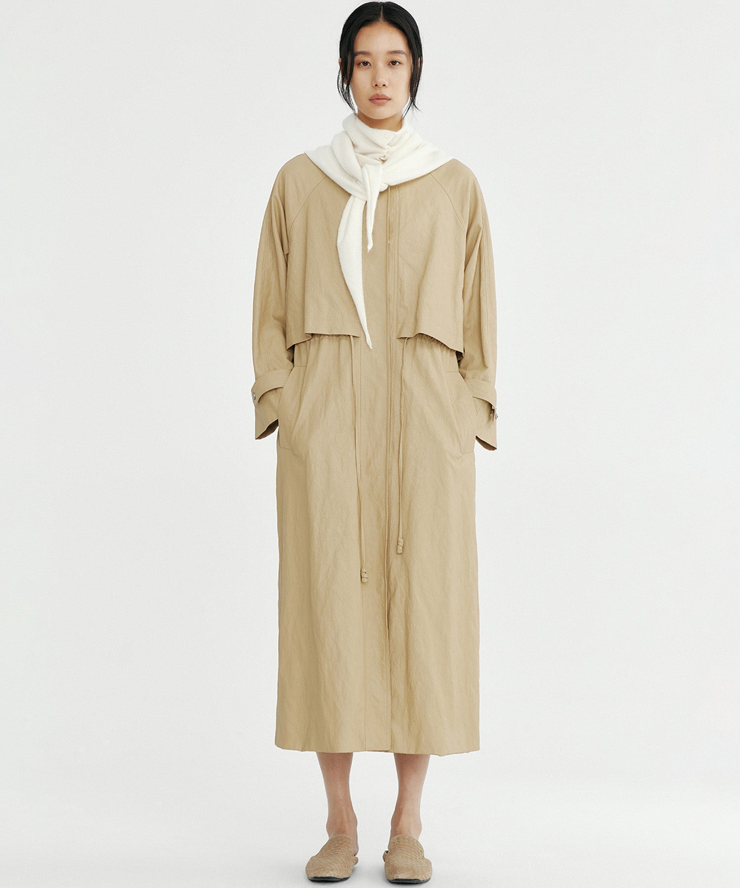 シンセティックレザー ノーカラーロングコート