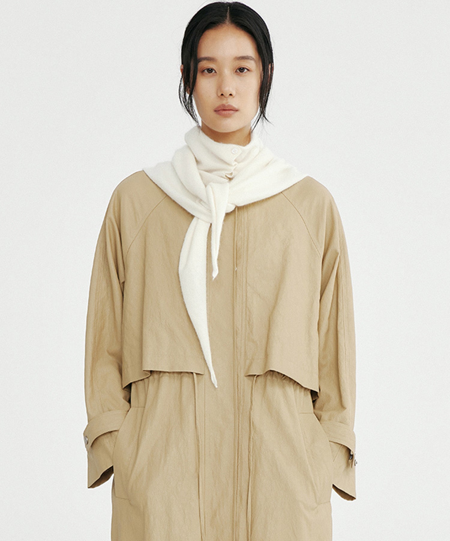 シンセティックレザー ノーカラーロングコート