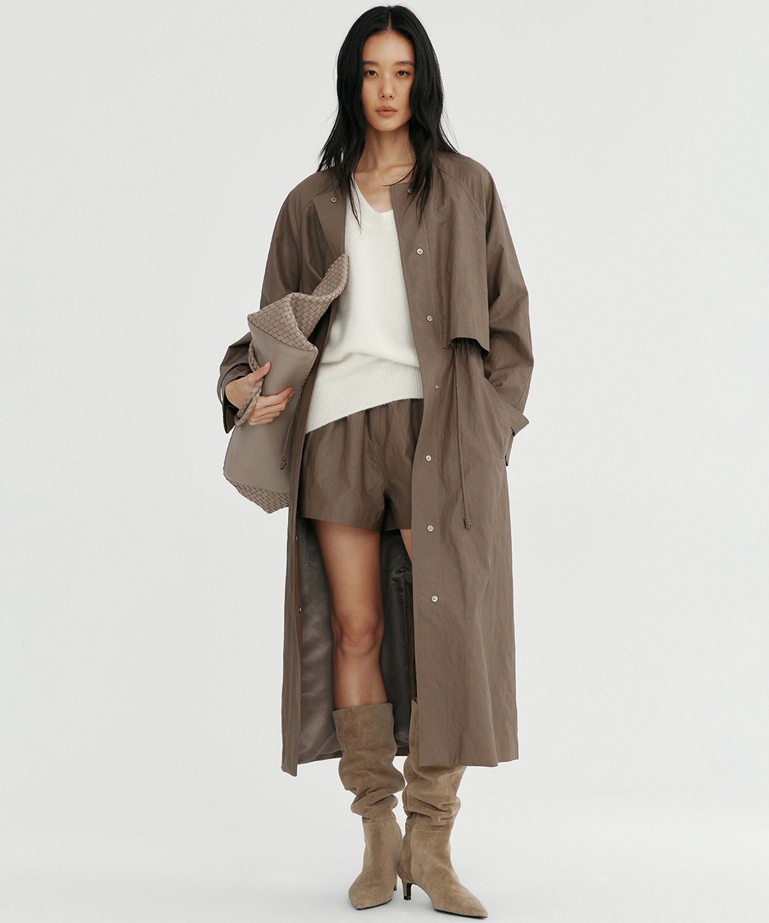 シンセティックレザー ノーカラーロングコート