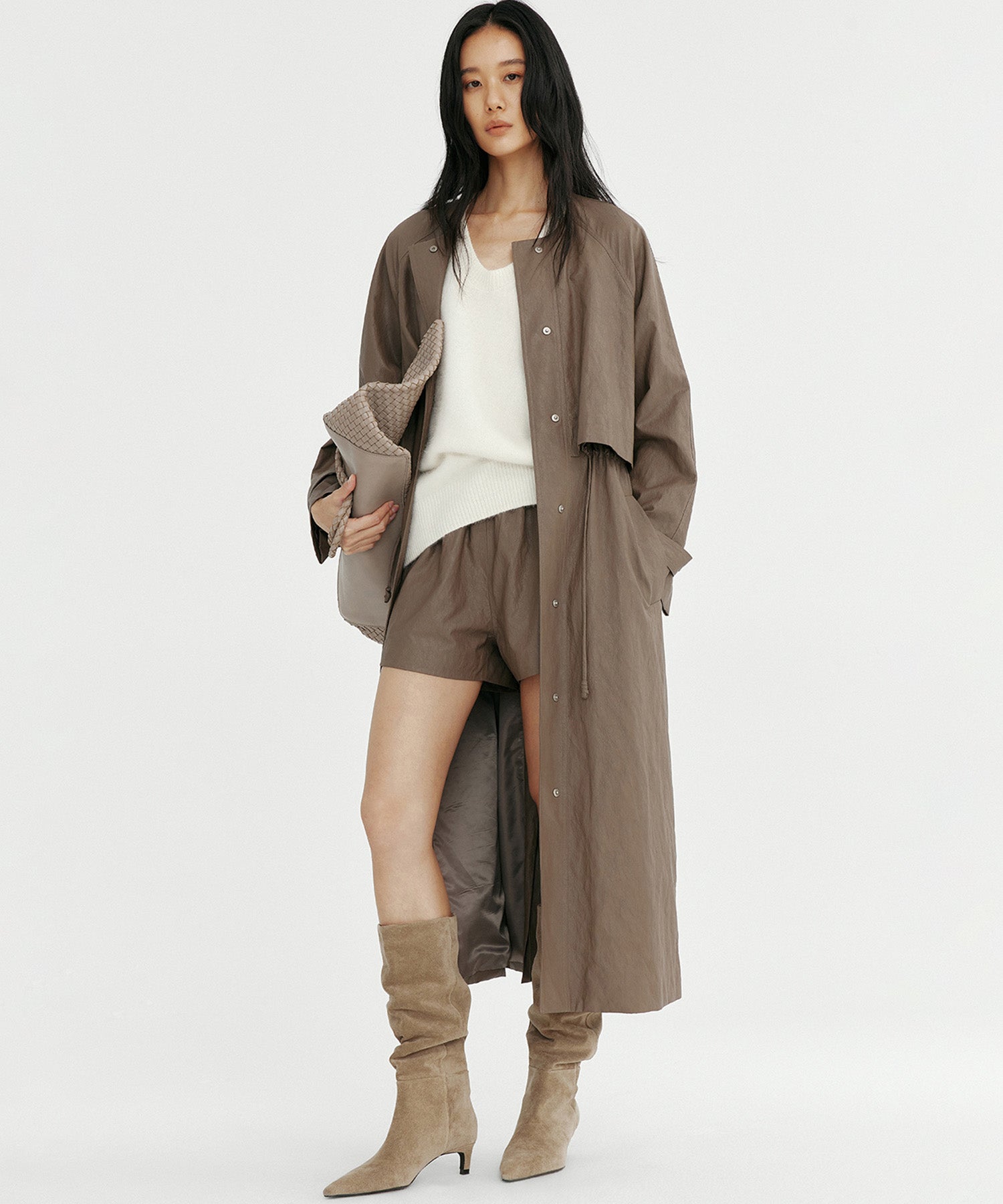 シンセティックレザー ノーカラーロングコート