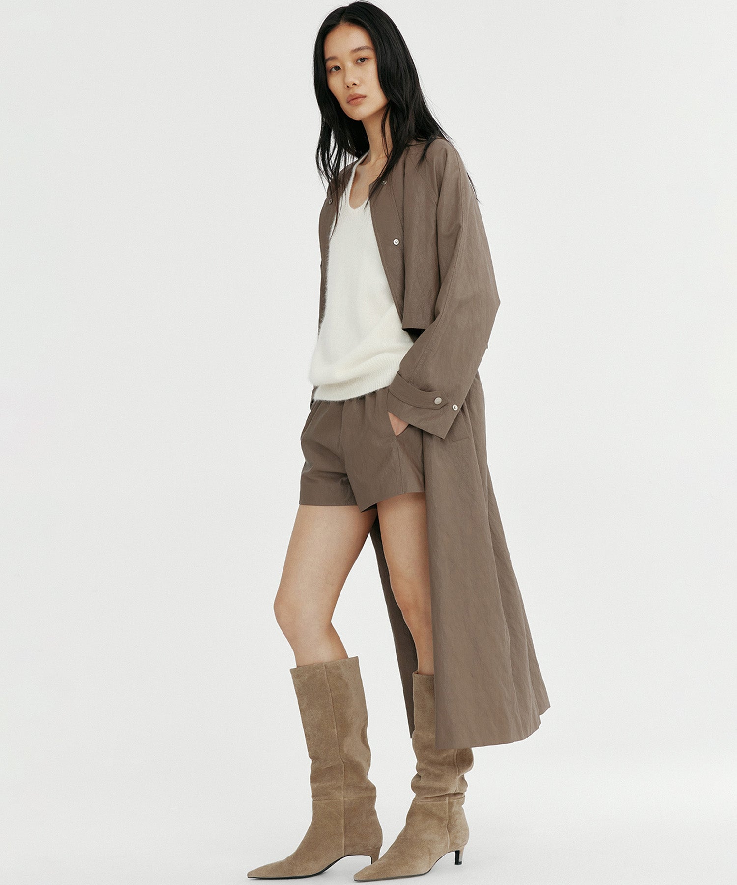 シンセティックレザー ノーカラーロングコート