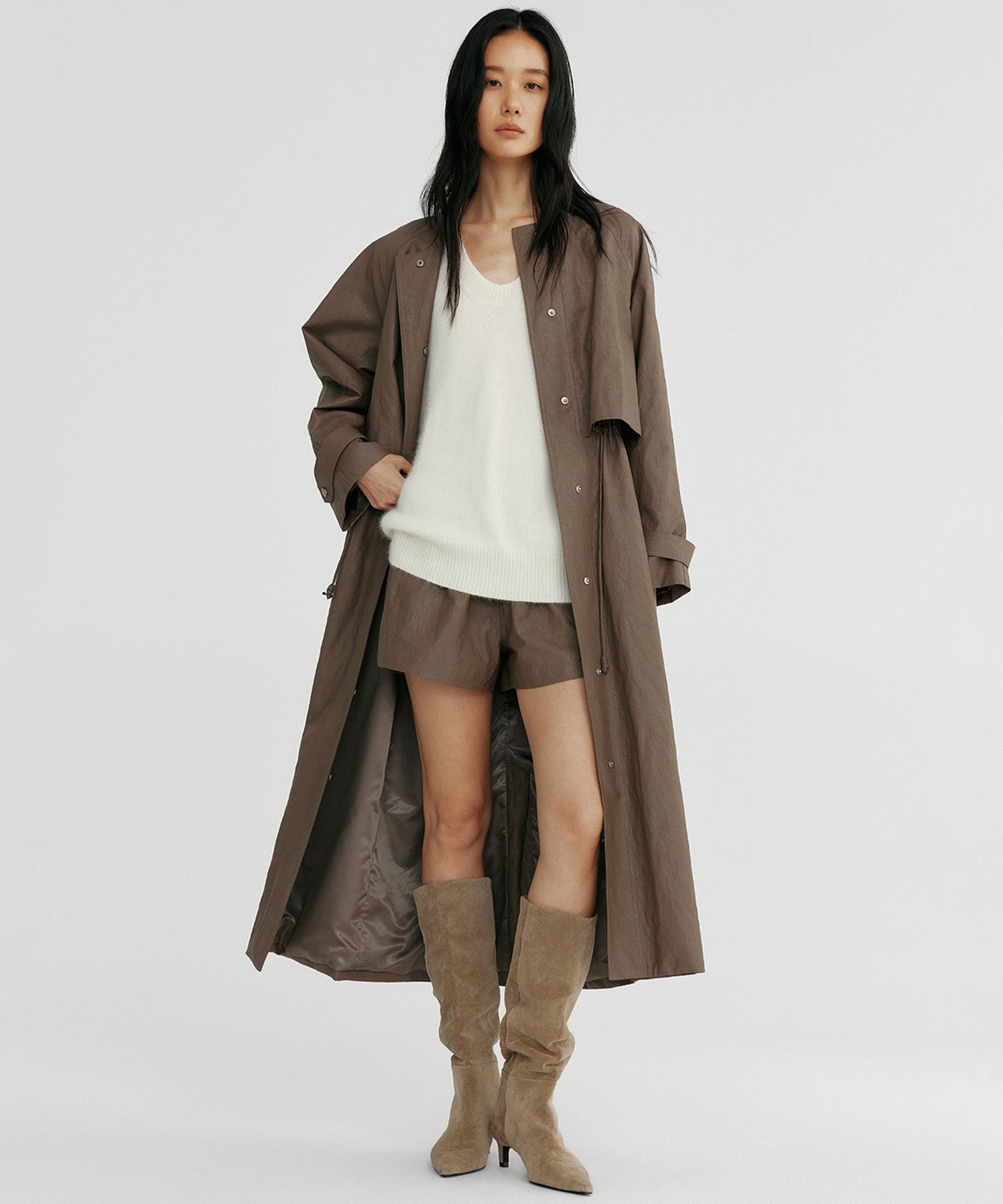 シンセティックレザー ノーカラーロングコート