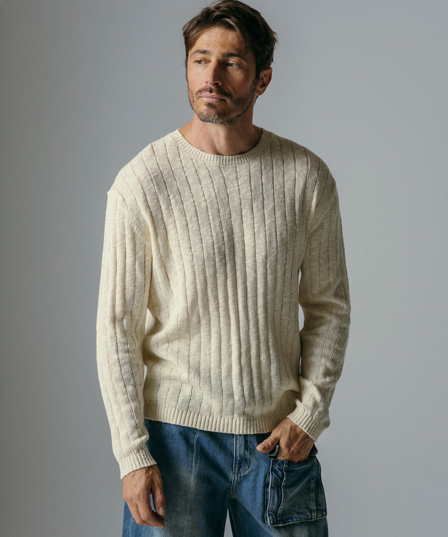 畦編みクルーネックセーター