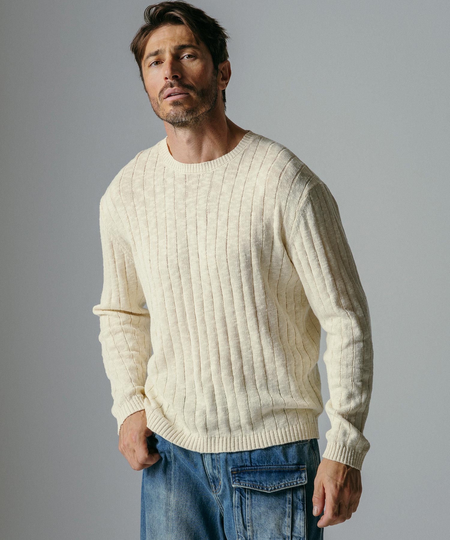 畦編みクルーネックセーター