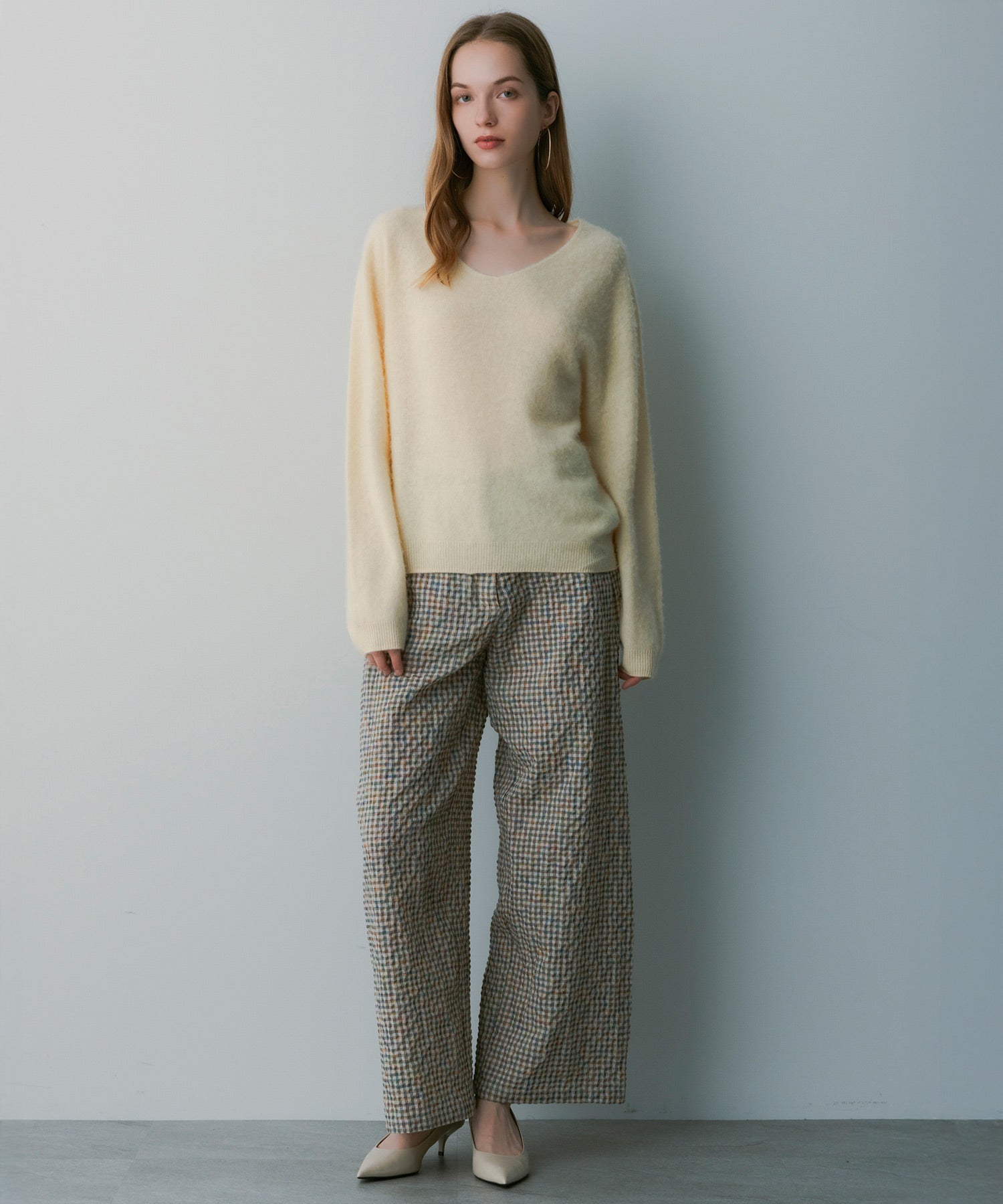 リネンブレンド チェックパンツ