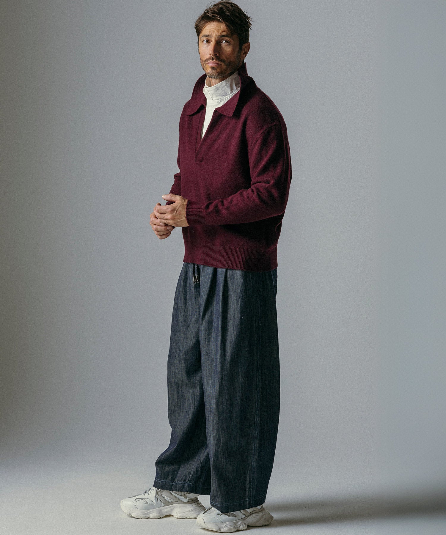 ウールブレンド Vネック ニットポロ