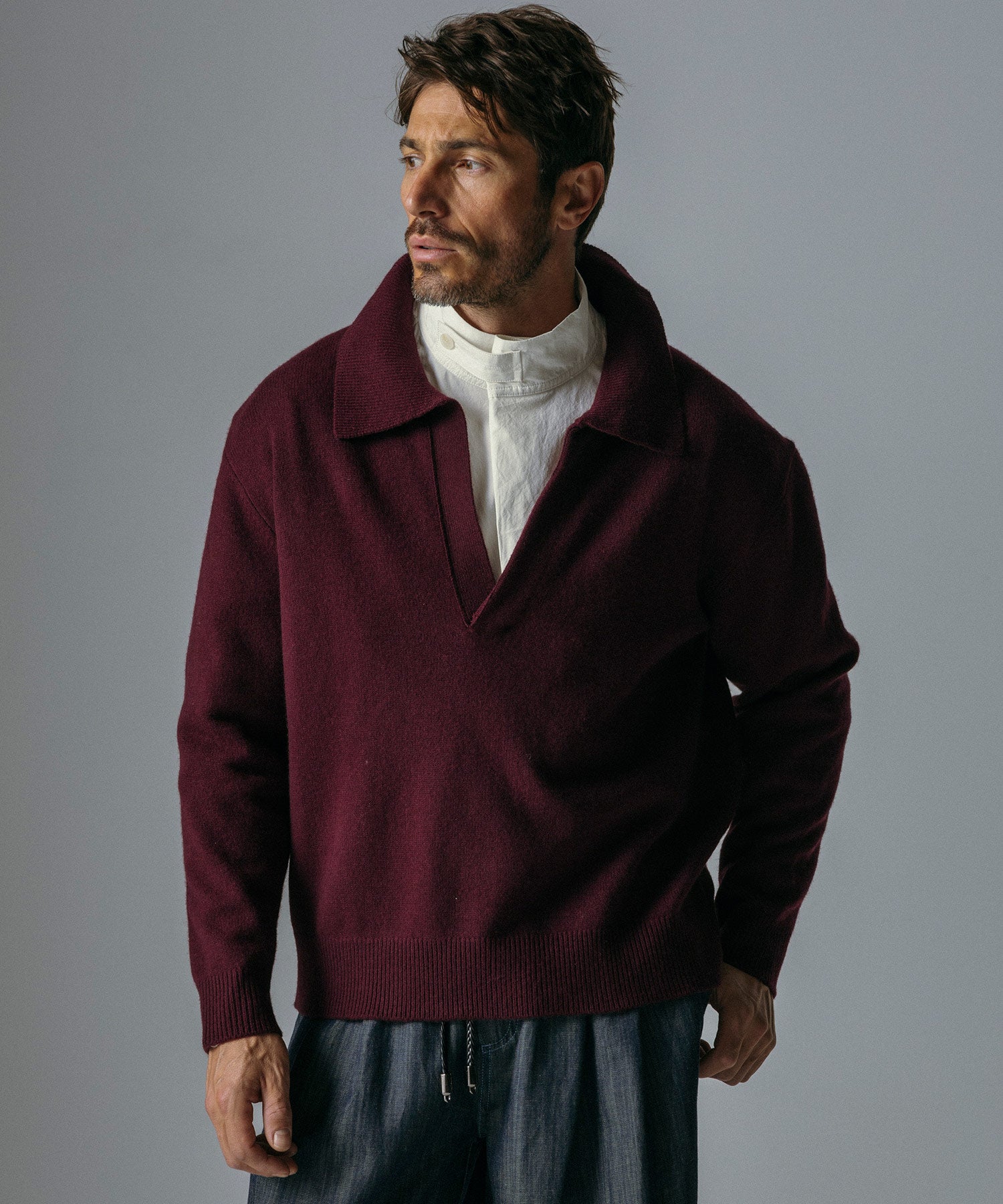 ウールブレンド Vネック ニットポロ