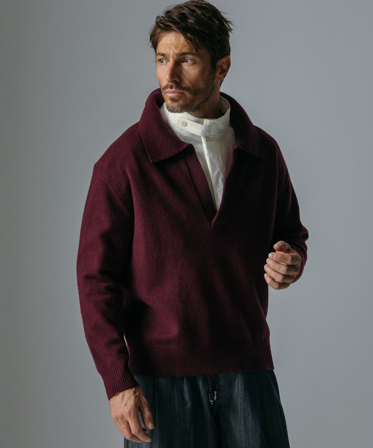 ウールブレンド Vネック ニットポロ