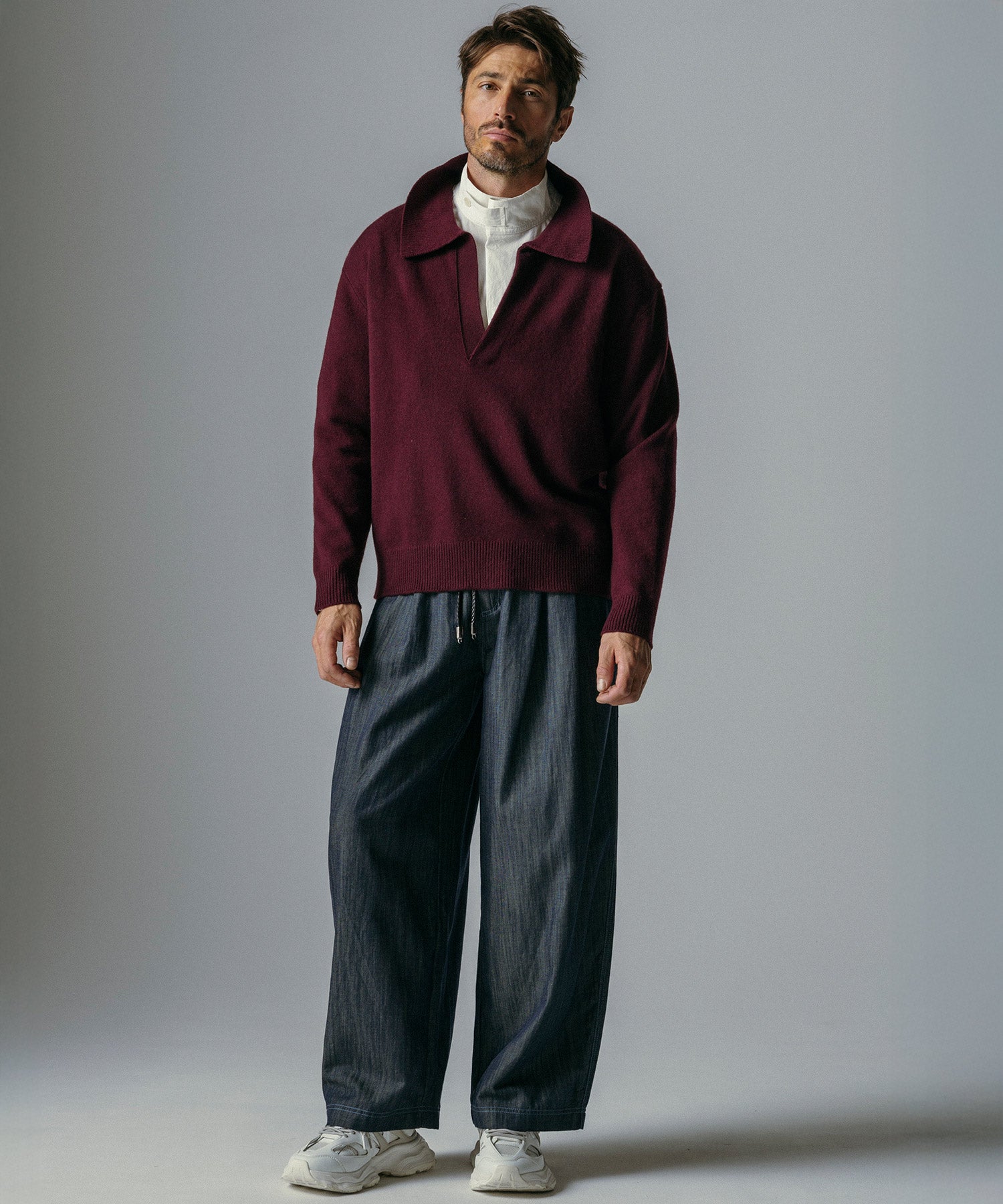 ウールブレンド Vネック ニットポロ