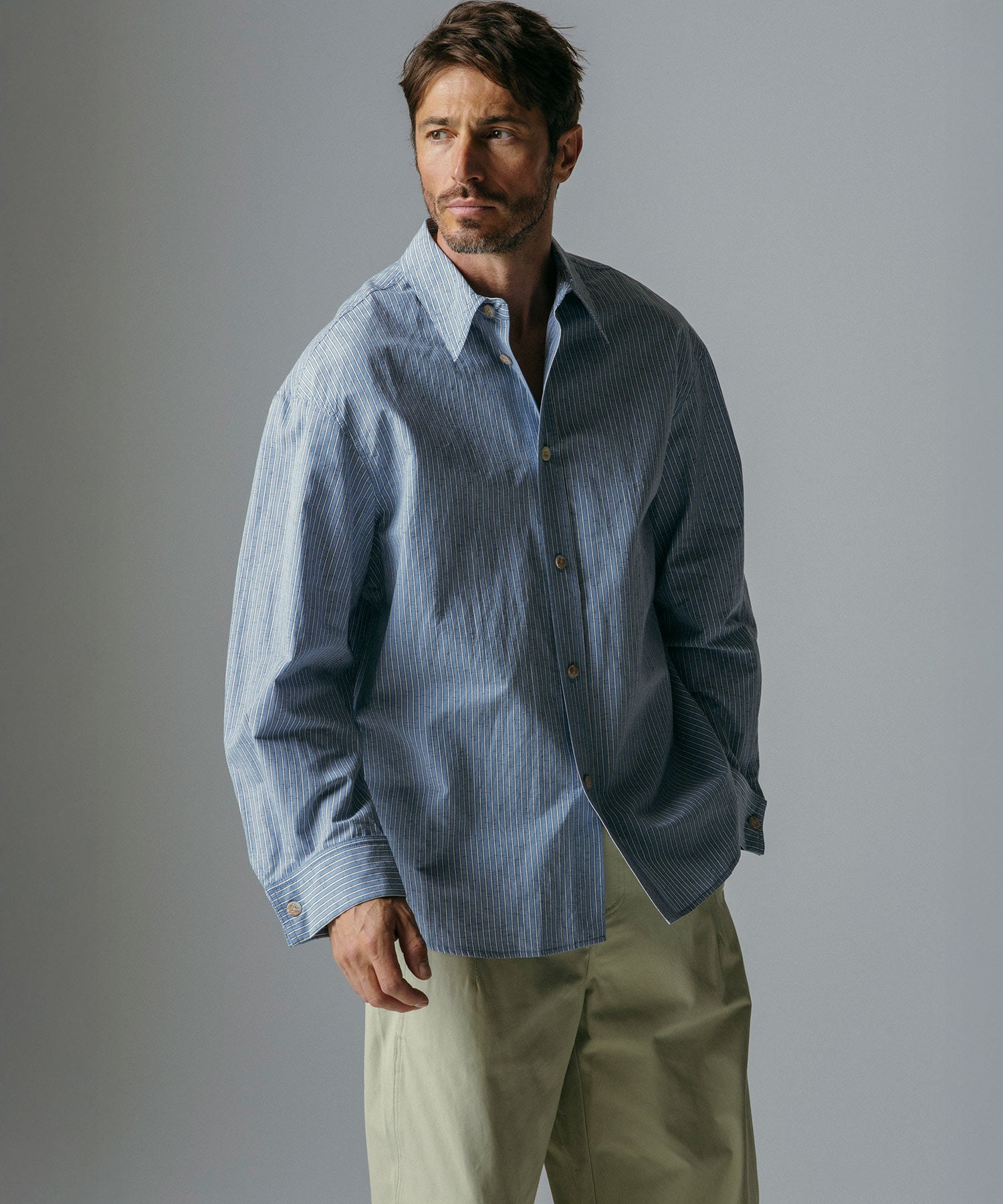 リネンブレンド ストライプシャツ