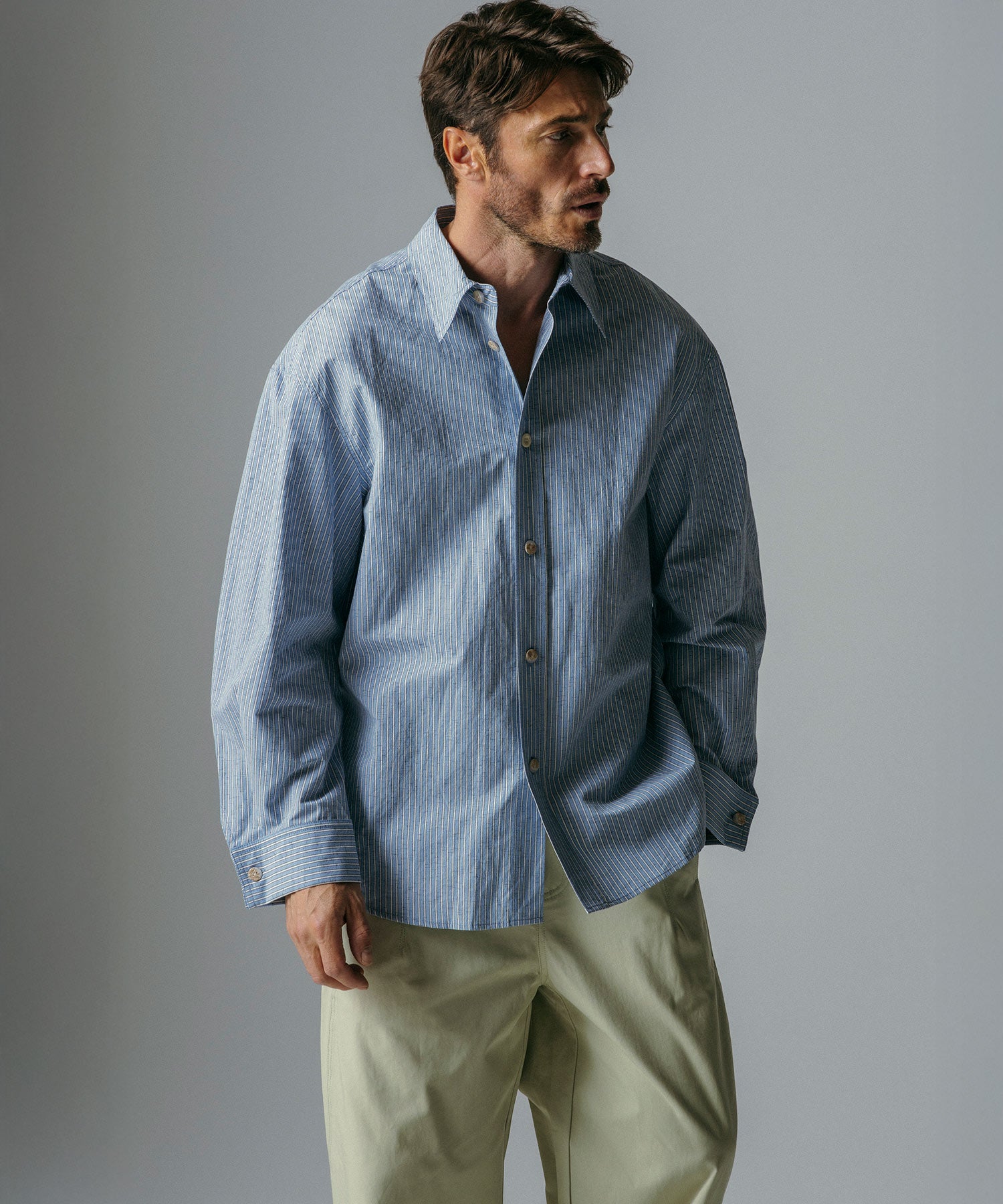 リネンブレンド ストライプシャツ